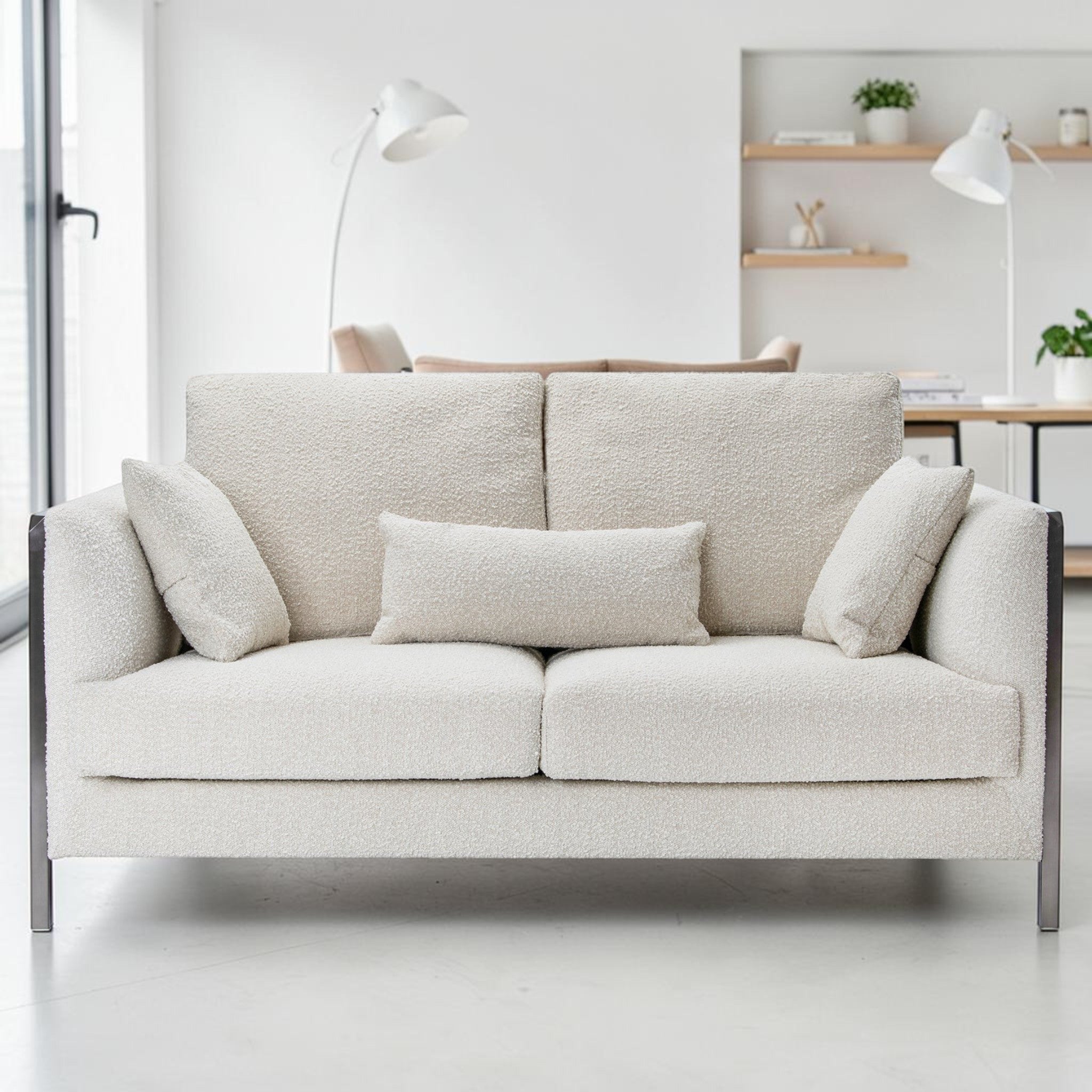 Modern Beige Bouclé, Loveseat Sofa with Cushions & Brushed Nickel Steel Legs, Living Room Sofa