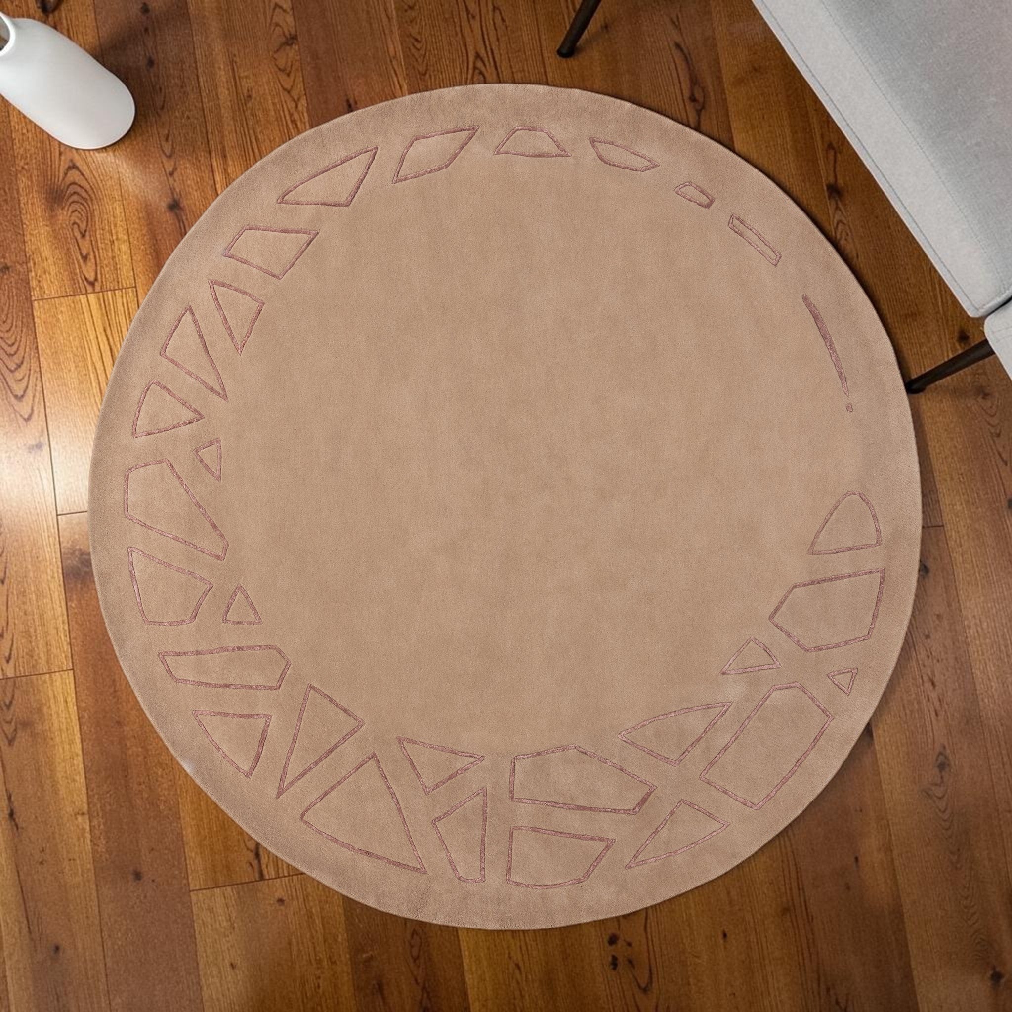 Modern Beige, Geometric Round Living Room Carpet, Hand-Tufted Wool Blend 9 ft Rug
