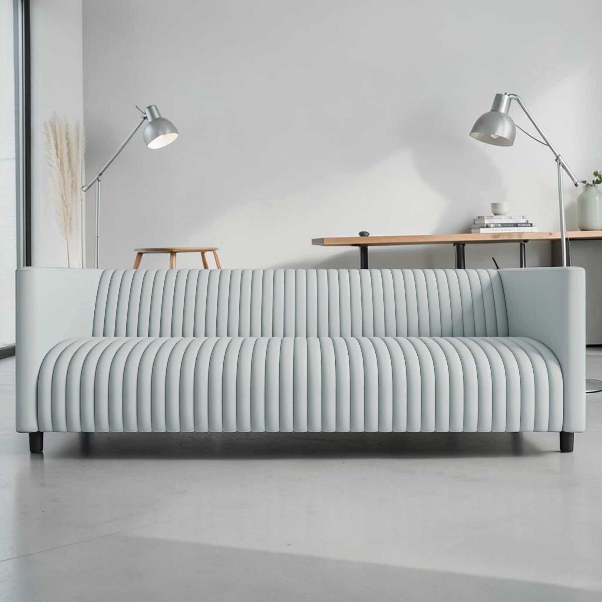Modern Gray Leather, 3-Seater Sofa with Channel Tufting & Black Wood Legs, Living Room Sofa