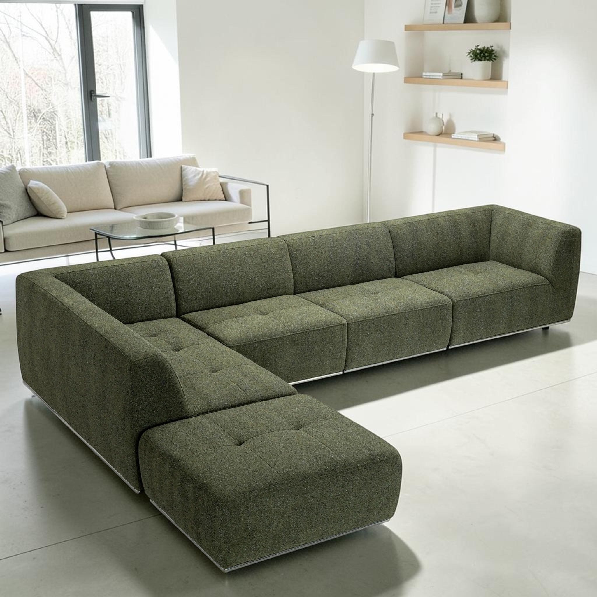 Modern Moss Green, L-Shaped Sectional Sofa with Tufted Cushions & Nickel Base, Living Room Sofa