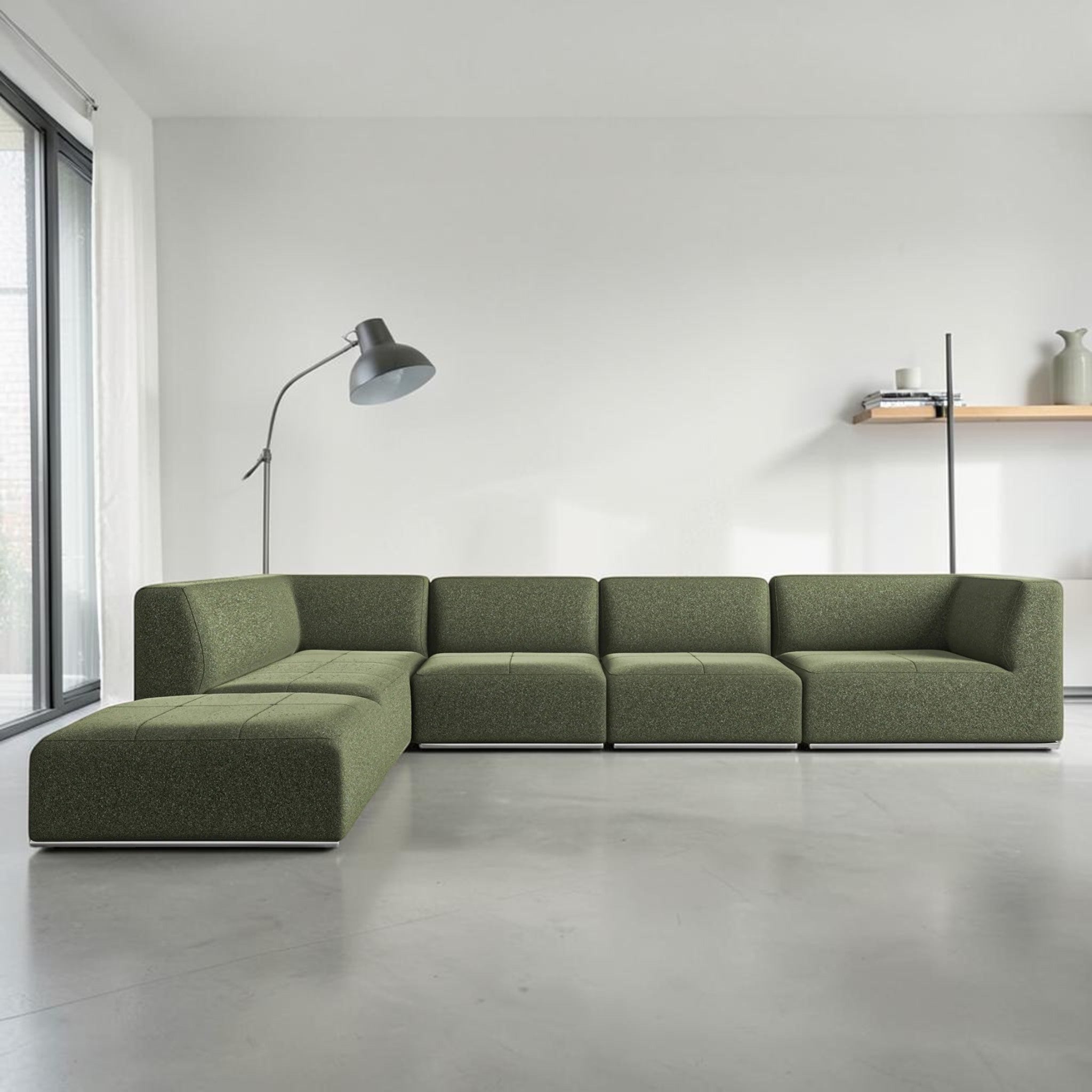 Modern Moss Green, L-Shaped Sectional Sofa with Tufted Cushions & Nickel Base, Living Room Sofa