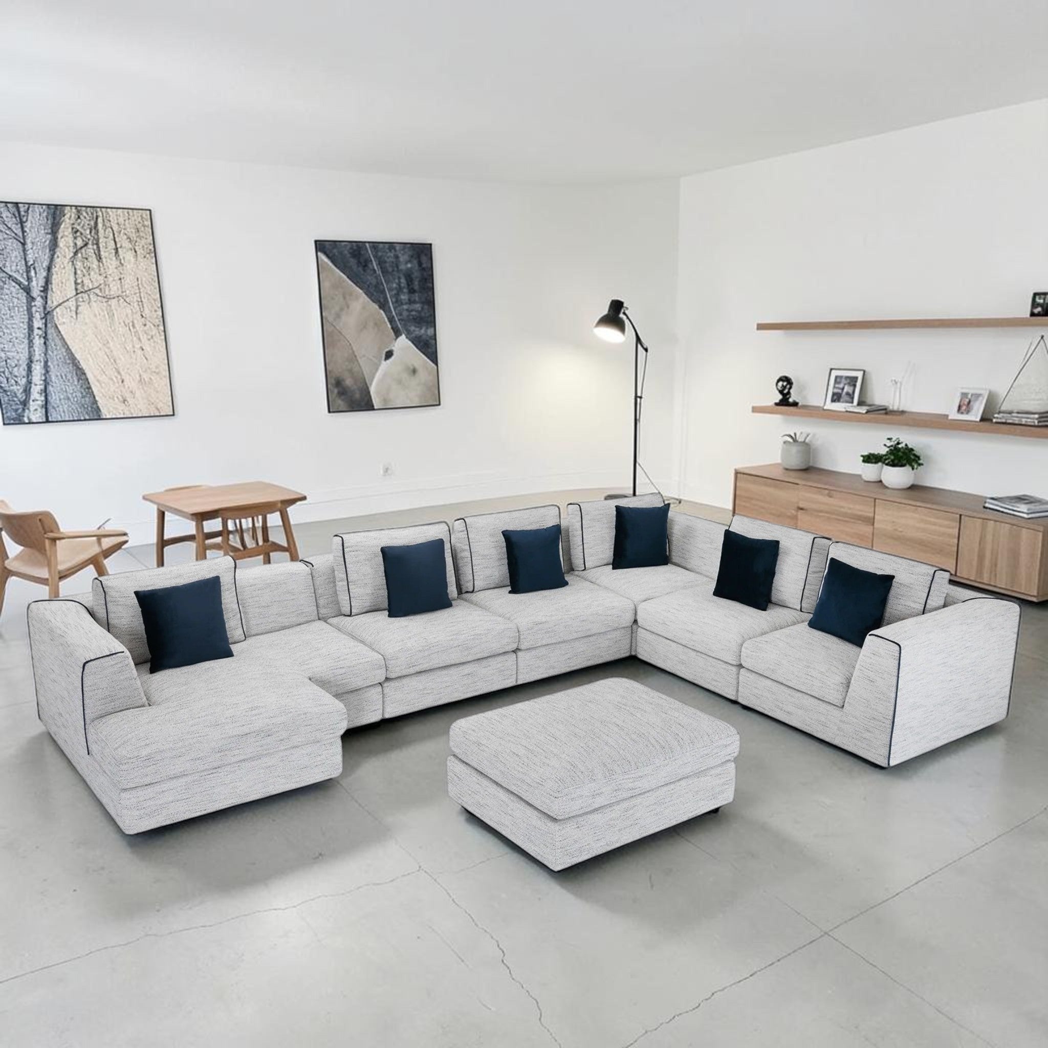 Modern Gray Chenille, 7-Piece Sectional Sofa with Ottoman & Navy Accent Pillows, Living Room Sofa