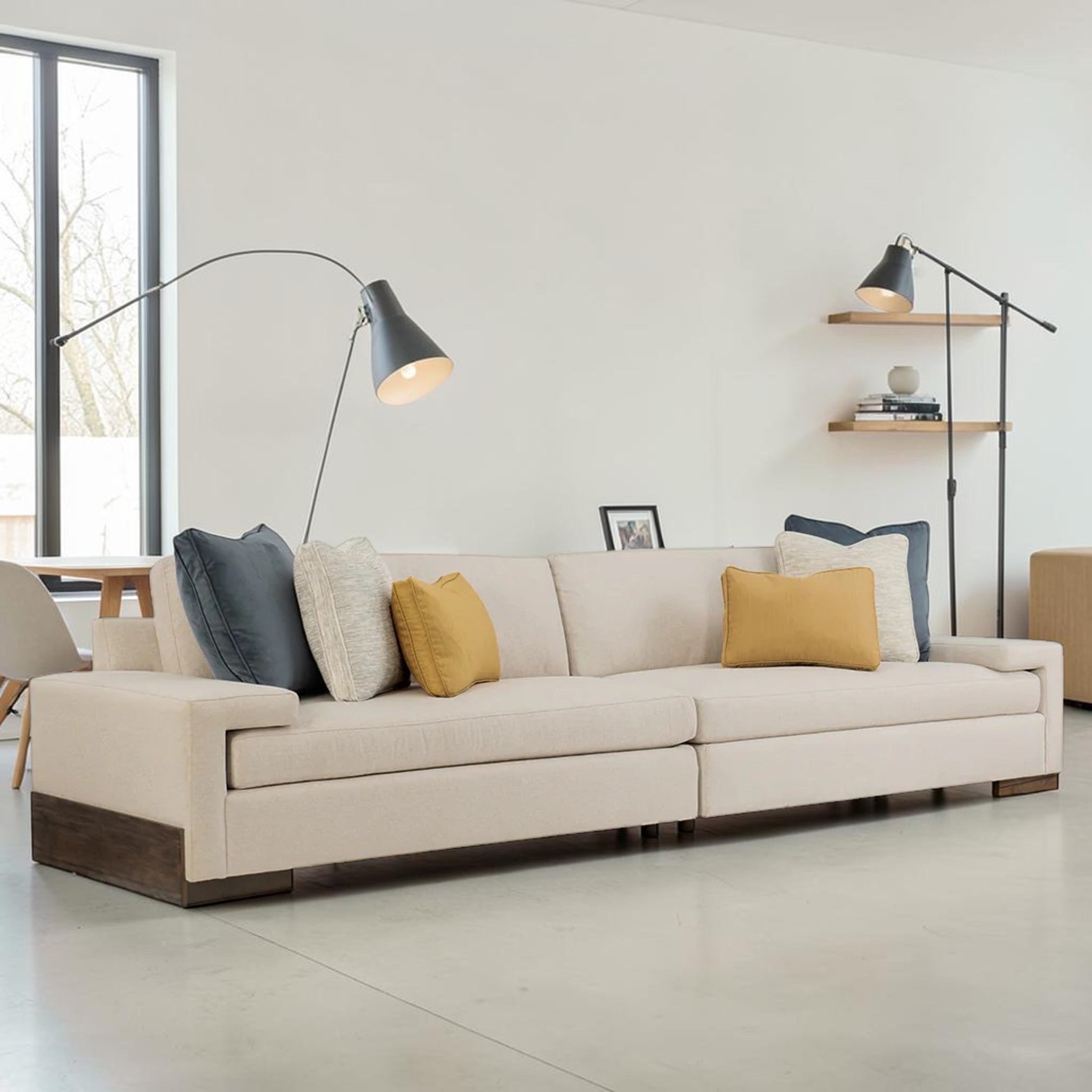 Modern Beige Fabric, 2-Piece Sectional Sofa with Shelf Arm & Accent Pillows, Living Room Sofa