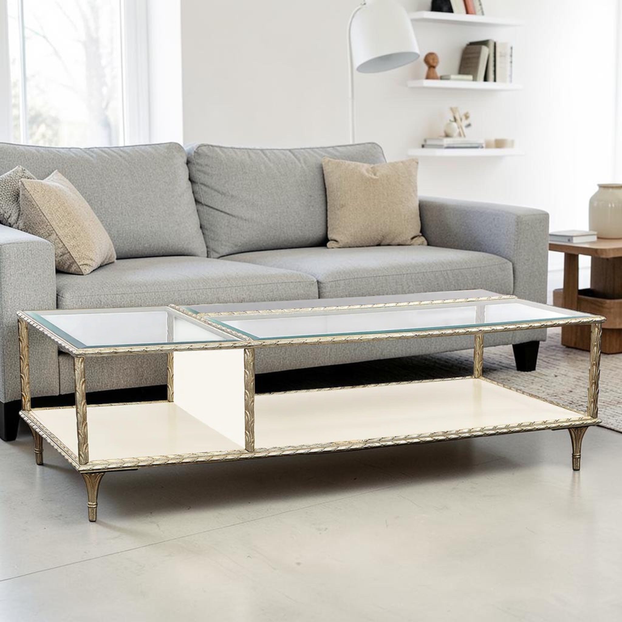 Elegant Gold Frame Glass, Living Room Center Table with Shelf Storage, Rectangular Coffee Table