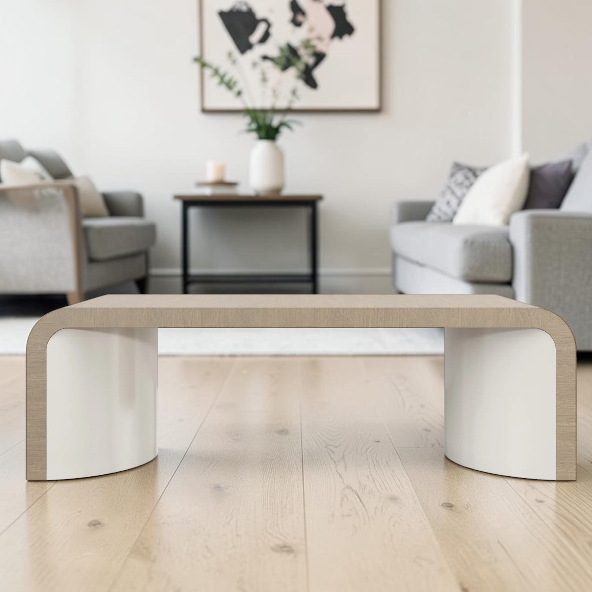 Modern Oak Finish, Living Room Center Table with Curved Waterfall Design & Sculptural Base, Coffee Table