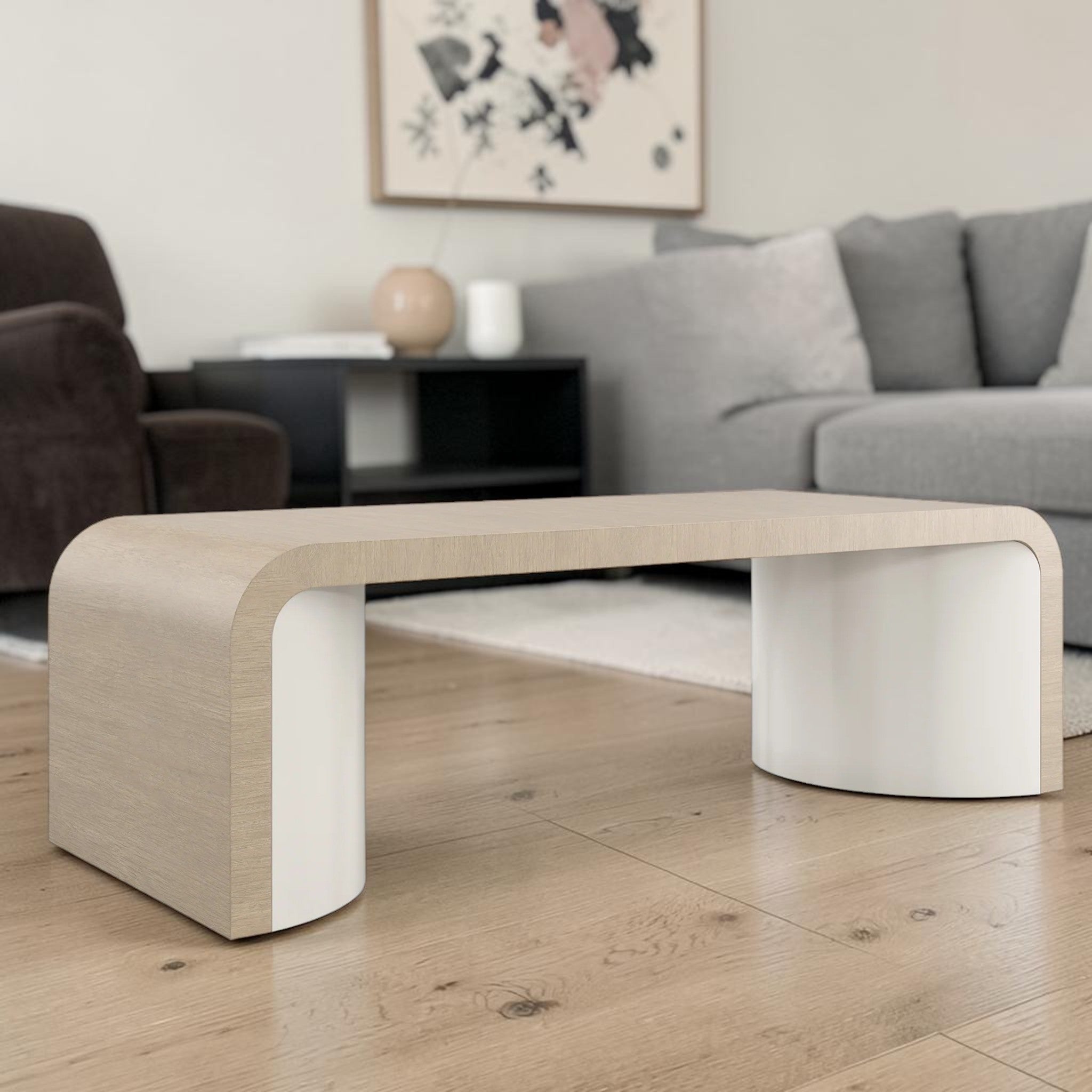 Modern Oak Finish, Living Room Center Table with Curved Waterfall Design & Sculptural Base, Coffee Table