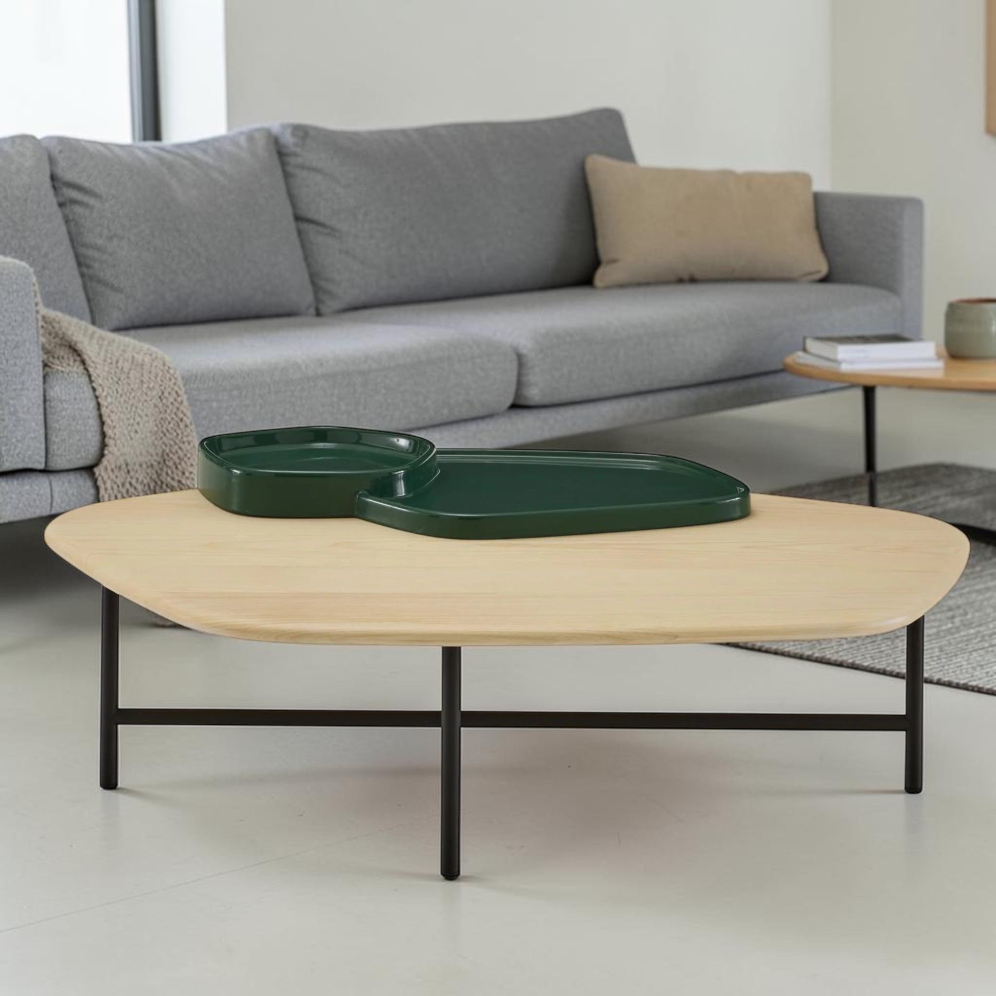 Modern Natural Ash Wood, Living Room Center Table with Green Ceramic Tray & Black Steel Base