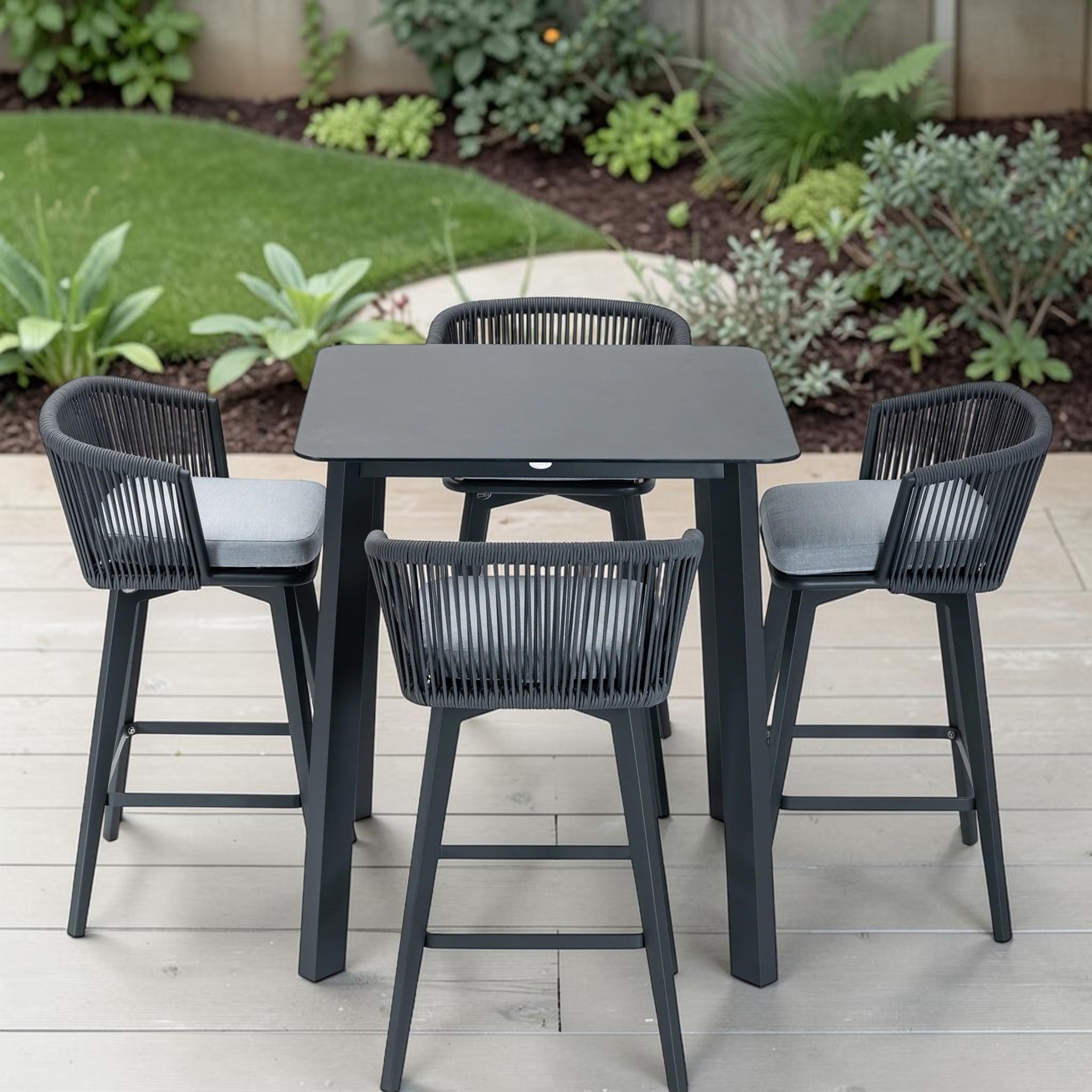 Modern Dark Gray Outdoor Dining Set with Bar Table & 4 Woven Chairs, Patio Furniture Set