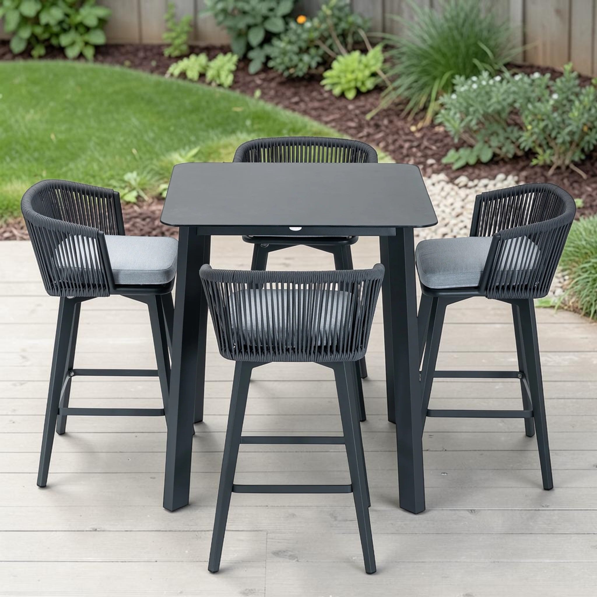 Modern Dark Gray Outdoor Dining Set with Bar Table & 4 Woven Chairs, Patio Furniture Set