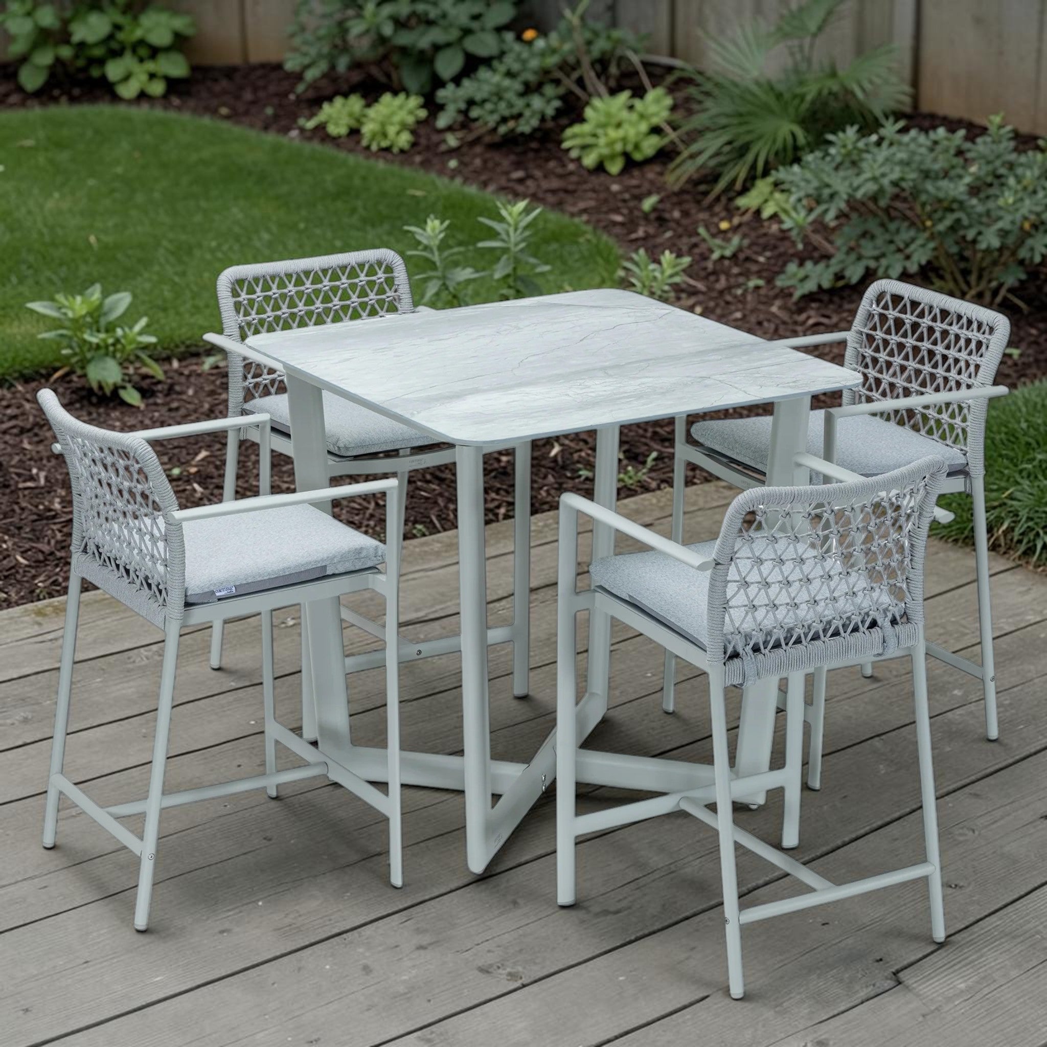 Modern Light Gray Outdoor Dining Set with Marble Top Table & 4 Woven Chairs, Patio Furniture Set