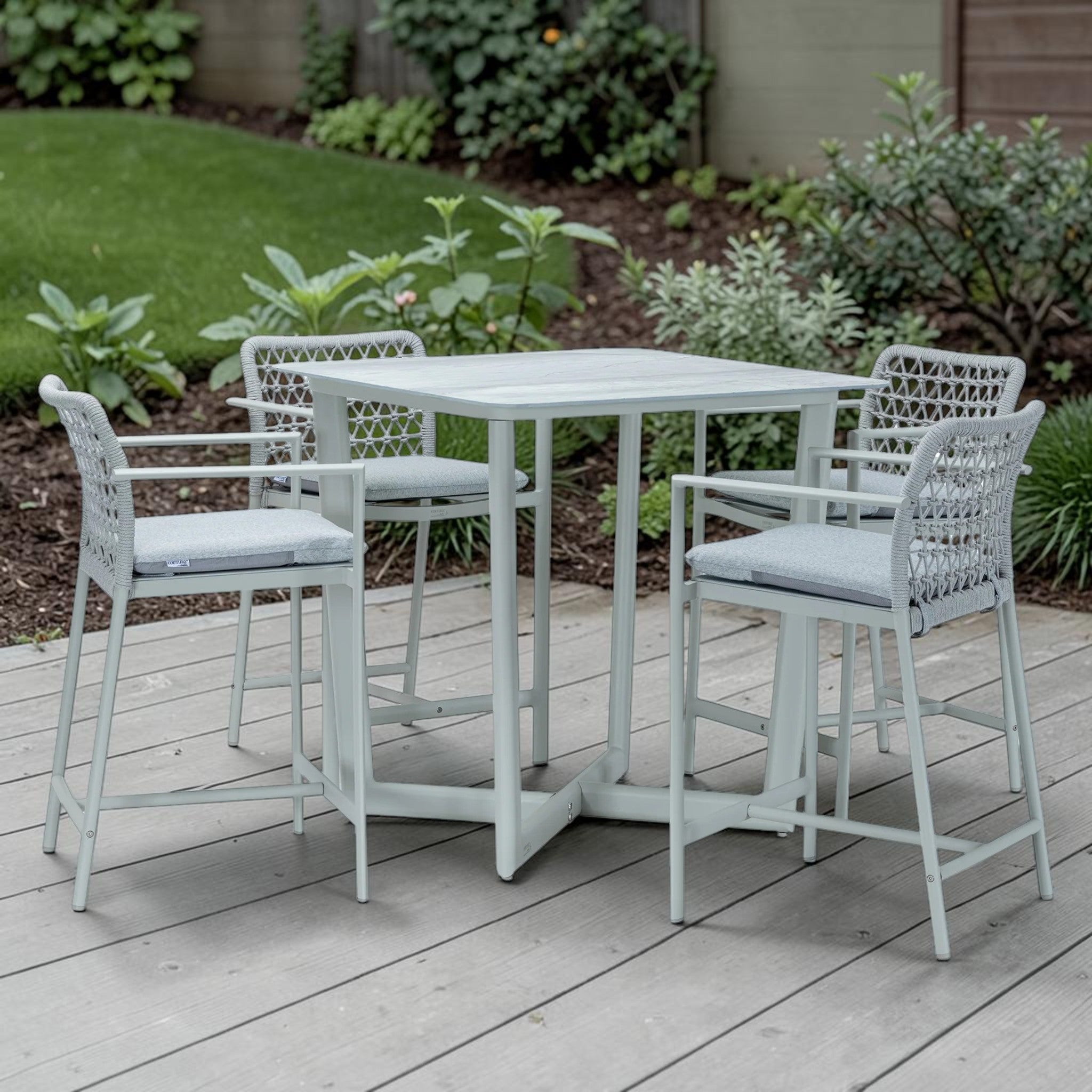 Modern Light Gray Outdoor Dining Set with Marble Top Table & 4 Woven Chairs, Patio Furniture Set