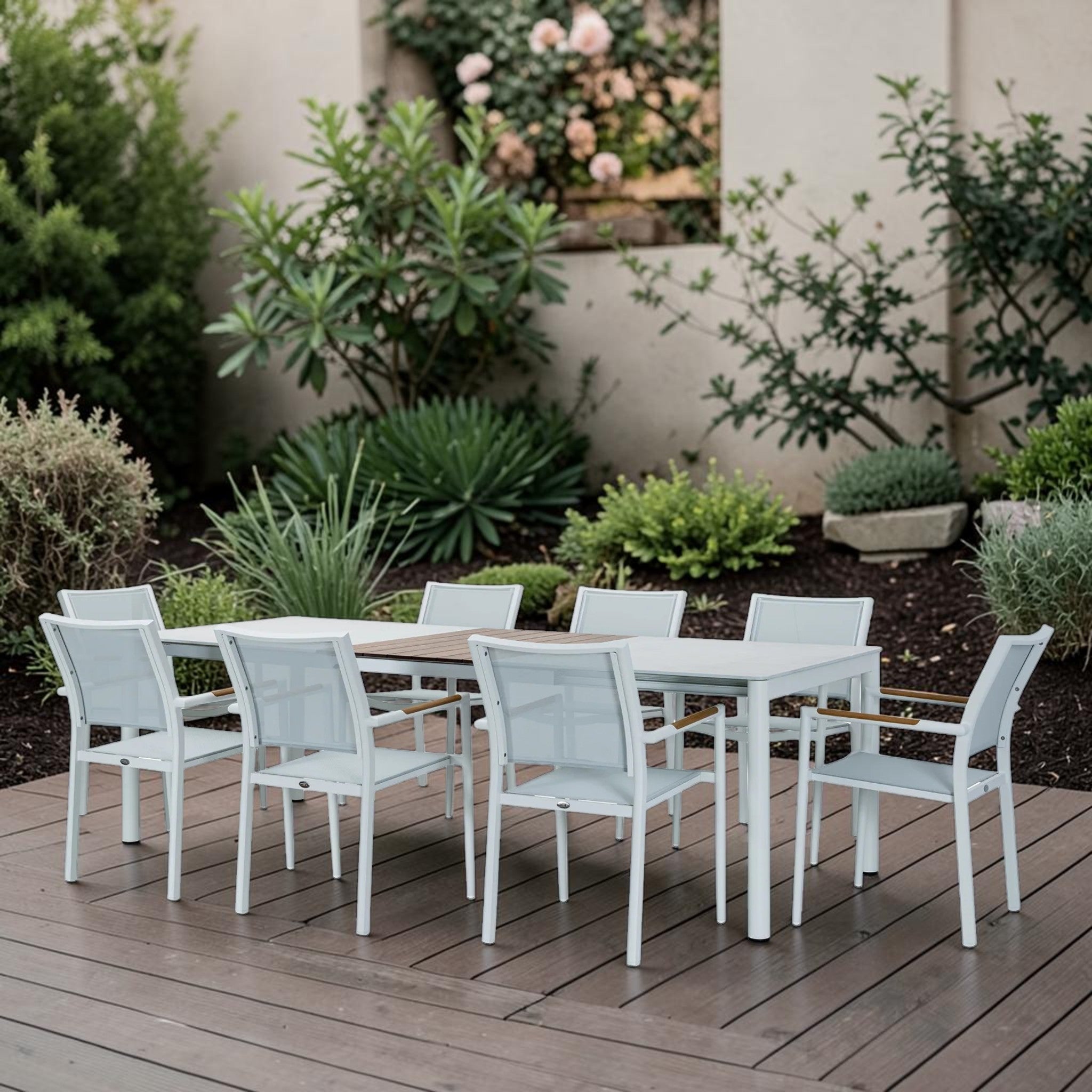 Modern White & Gray Outdoor Dining Set with Rectangular Table & 6 Chairs, Patio Furniture Set