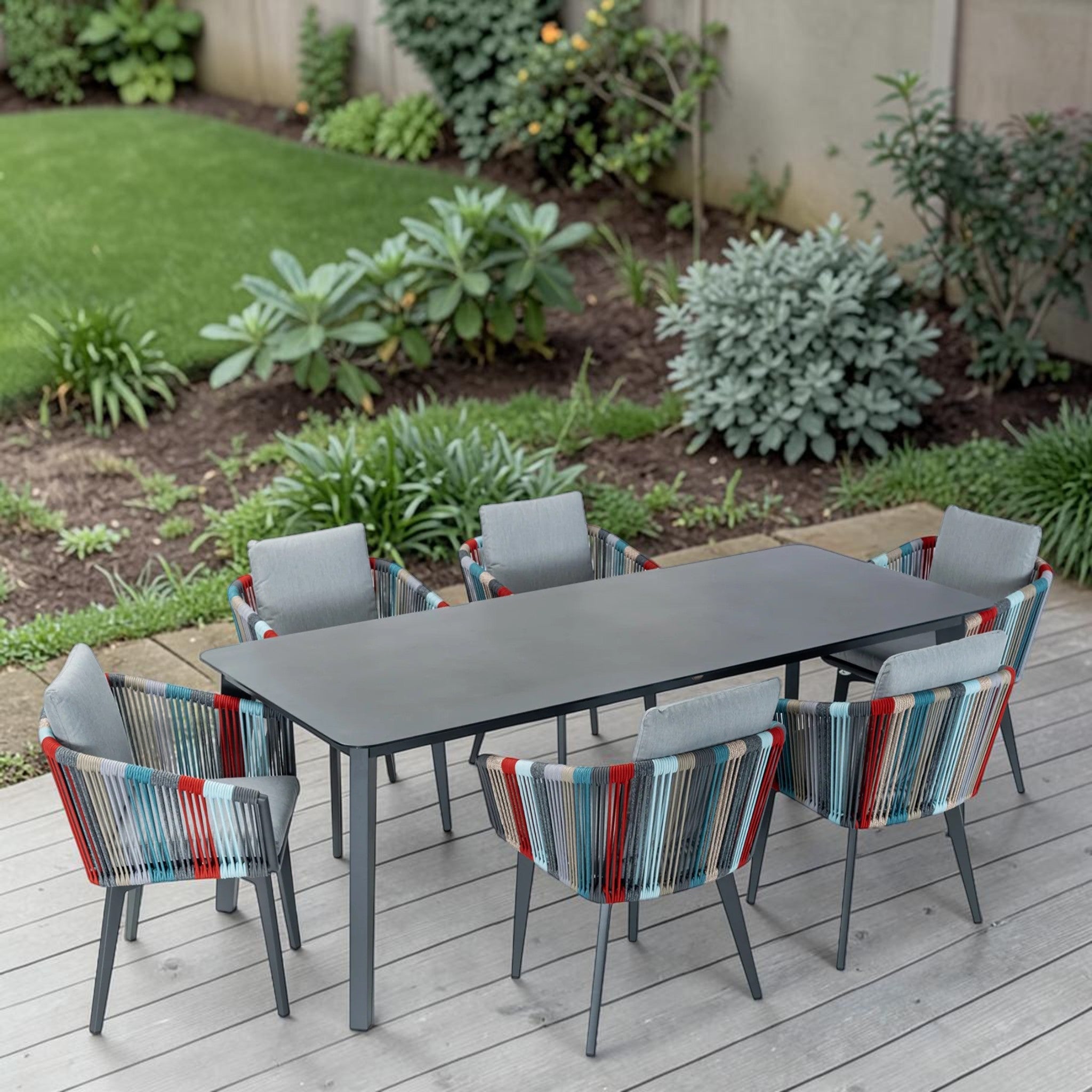 Modern Outdoor Dining Set with Marble Top Table & 6 Woven Rope Chairs, Multicolor Patio Furniture Set