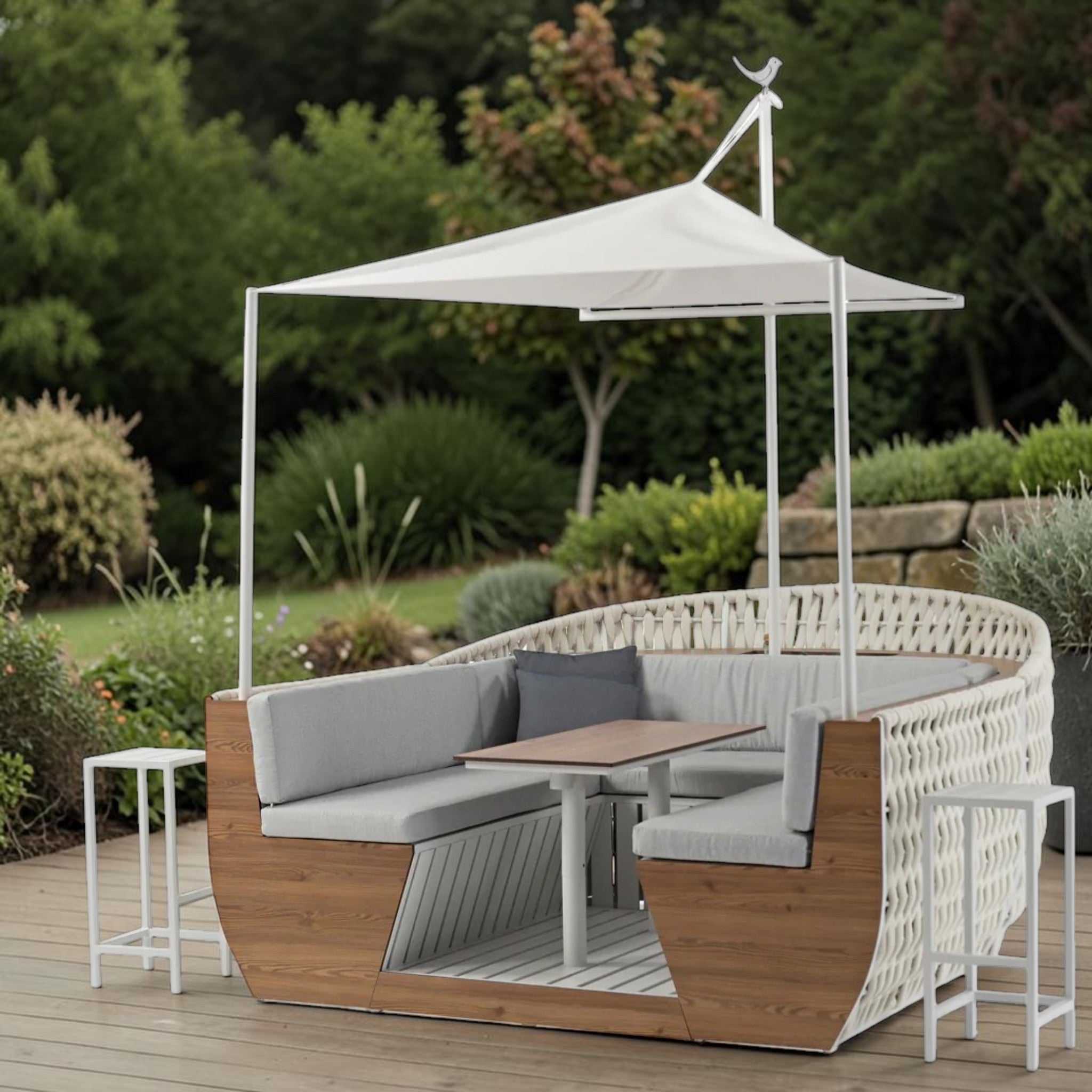 Modern Outdoor Lounge Dining Set with Canopy, Woven Rope & Wood Finish, 5-Piece Patio Set