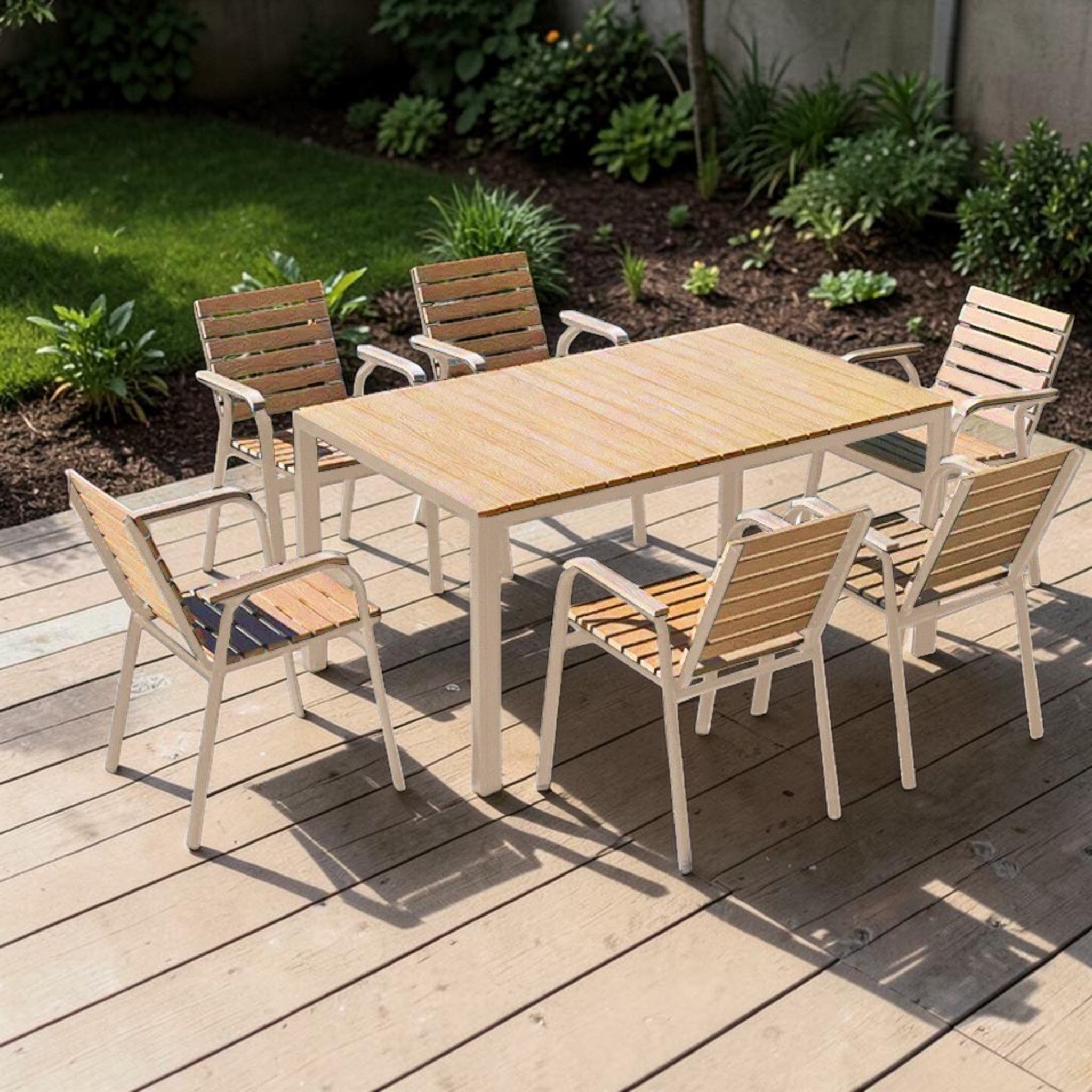 Modern Outdoor Dining Set Natural Wood Slat Aluminum Frame 7-Piece, Outdoor Dining Set
