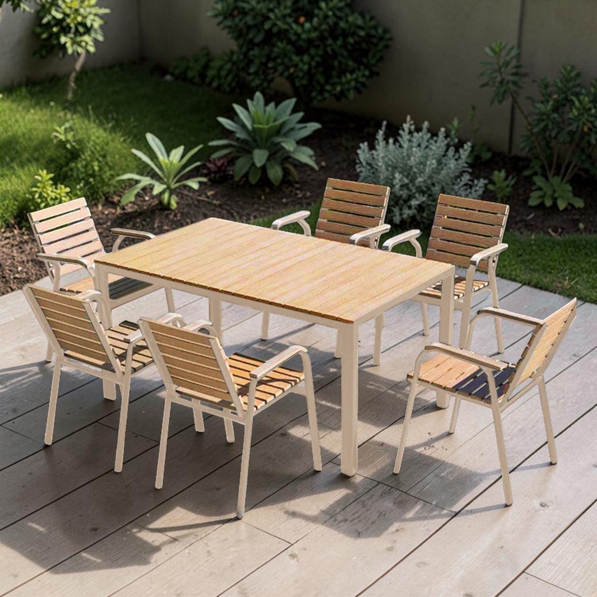 Modern Outdoor Dining Set Natural Wood Slat Aluminum Frame 7-Piece, Outdoor Dining Set