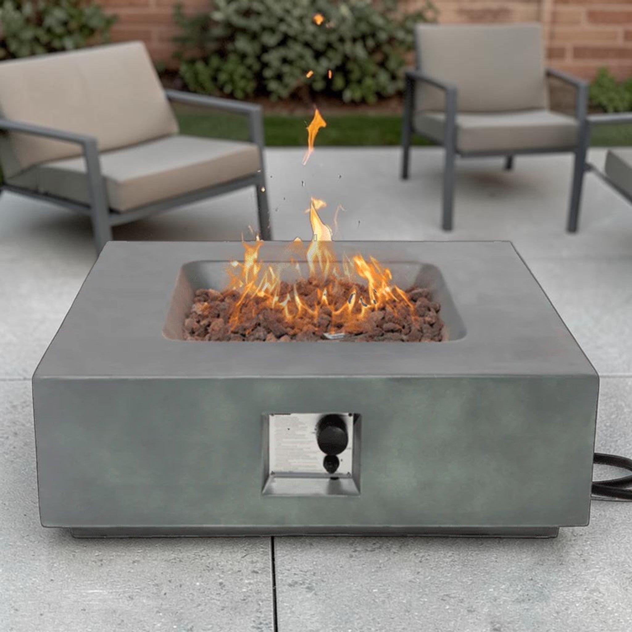 Modern Square Propane Fire Pit Table Concrete Finish with Lava Rocks, Outdoor Fire Pit