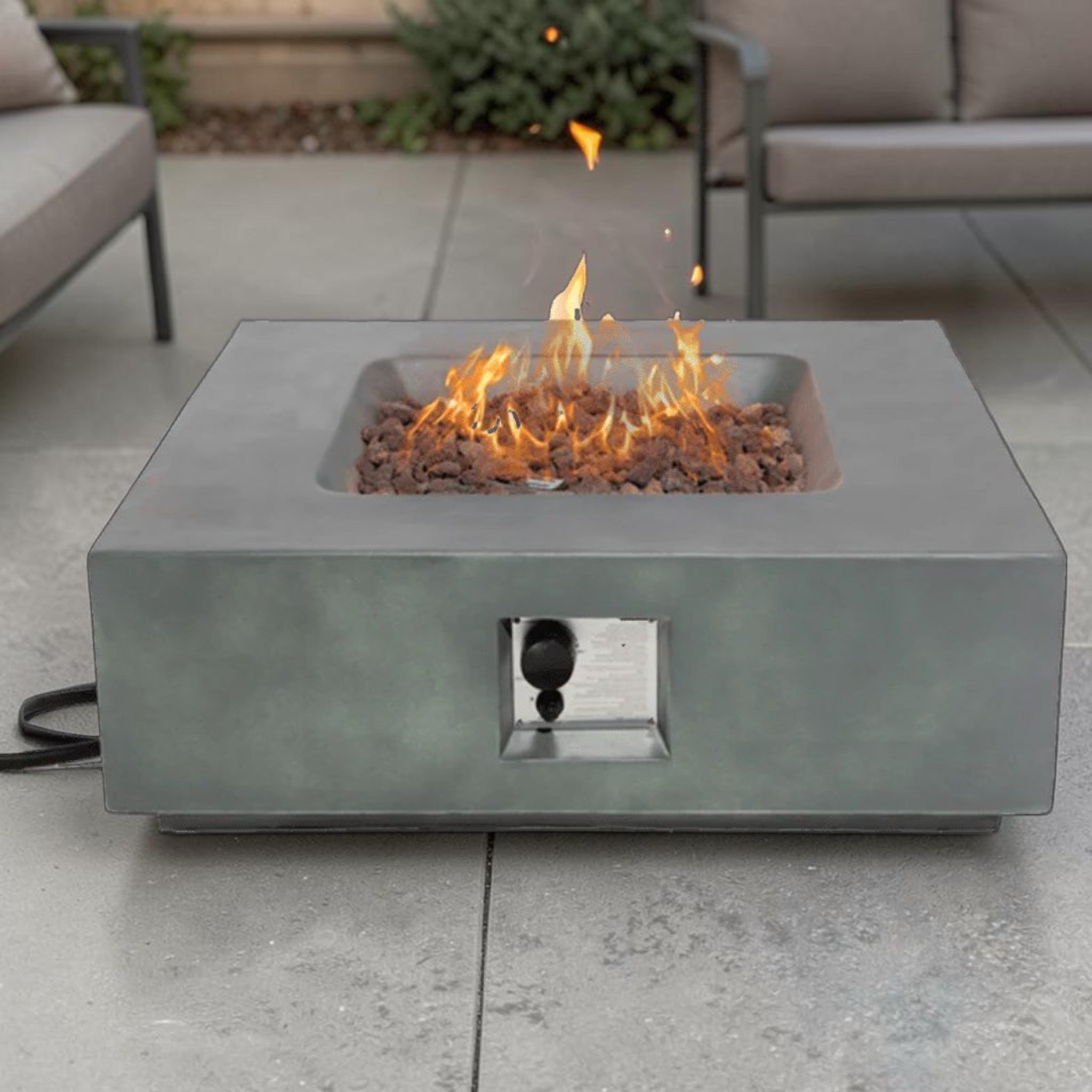 Modern Square Propane Fire Pit Table Concrete Finish with Lava Rocks, Outdoor Fire Pit