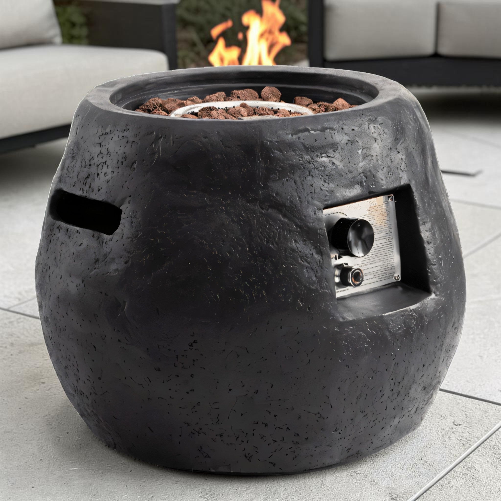 Rustic Round Propane Fire Pit Table Faux Stone Finish with Removable Lid, Outdoor Fire Pit