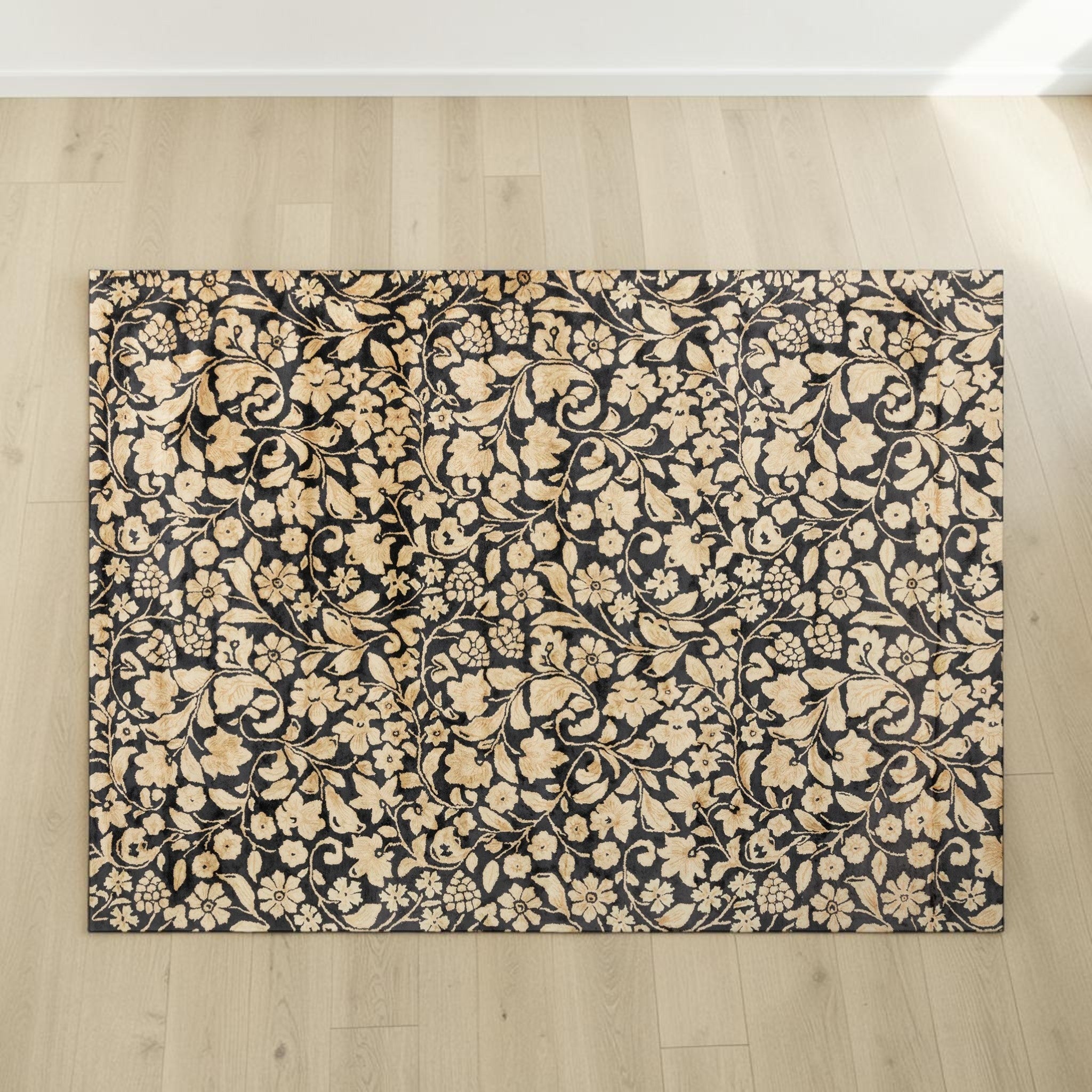 Vintage Black & Gold, Floral Living Room Carpet, Hand-Tufted Viscose 8x11 Area Rug