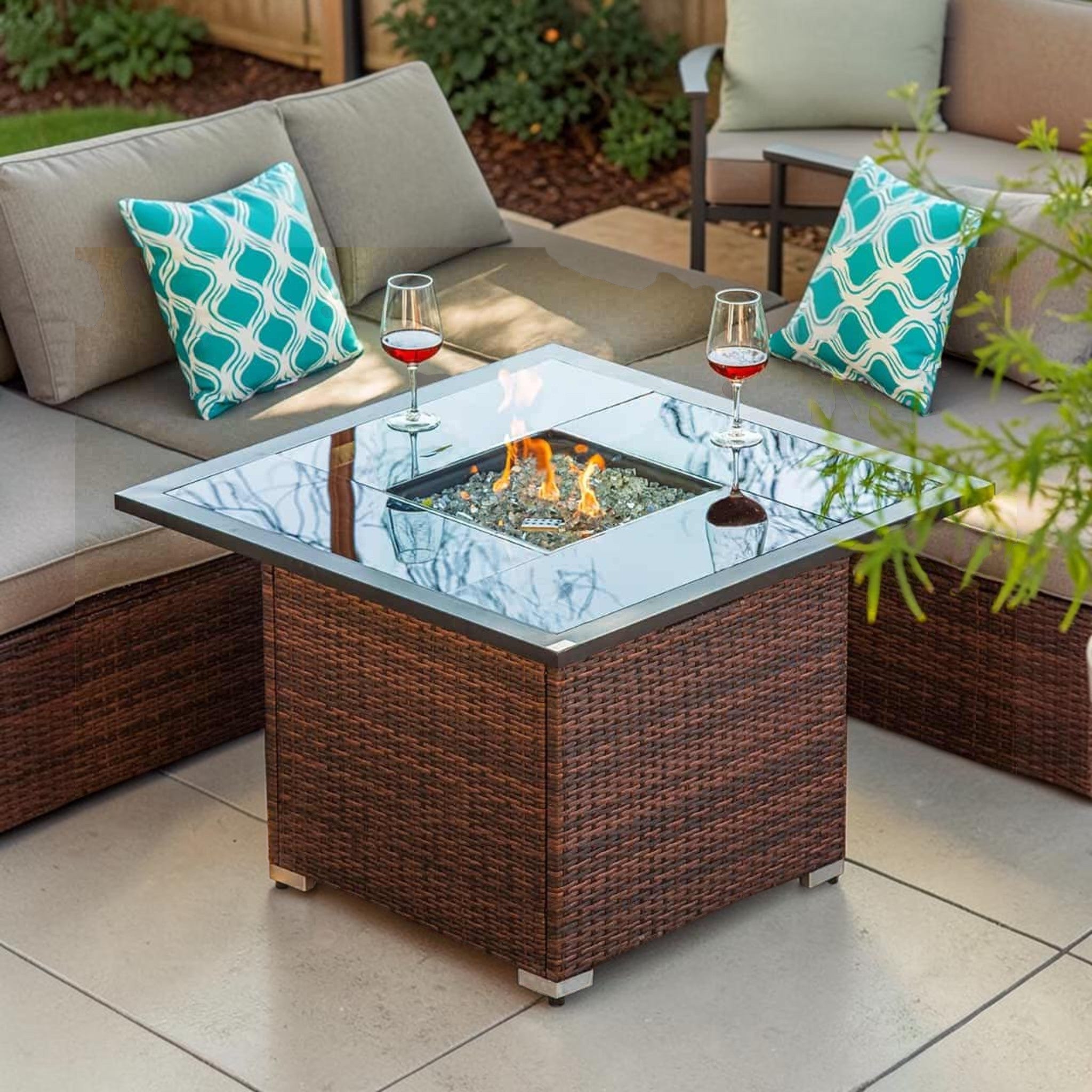 Modern Wicker Square Fire Pit Table, Mixed Brown PE Rattan with Glass Top & Hidden Tank Storage, Outdoor Fire Pit