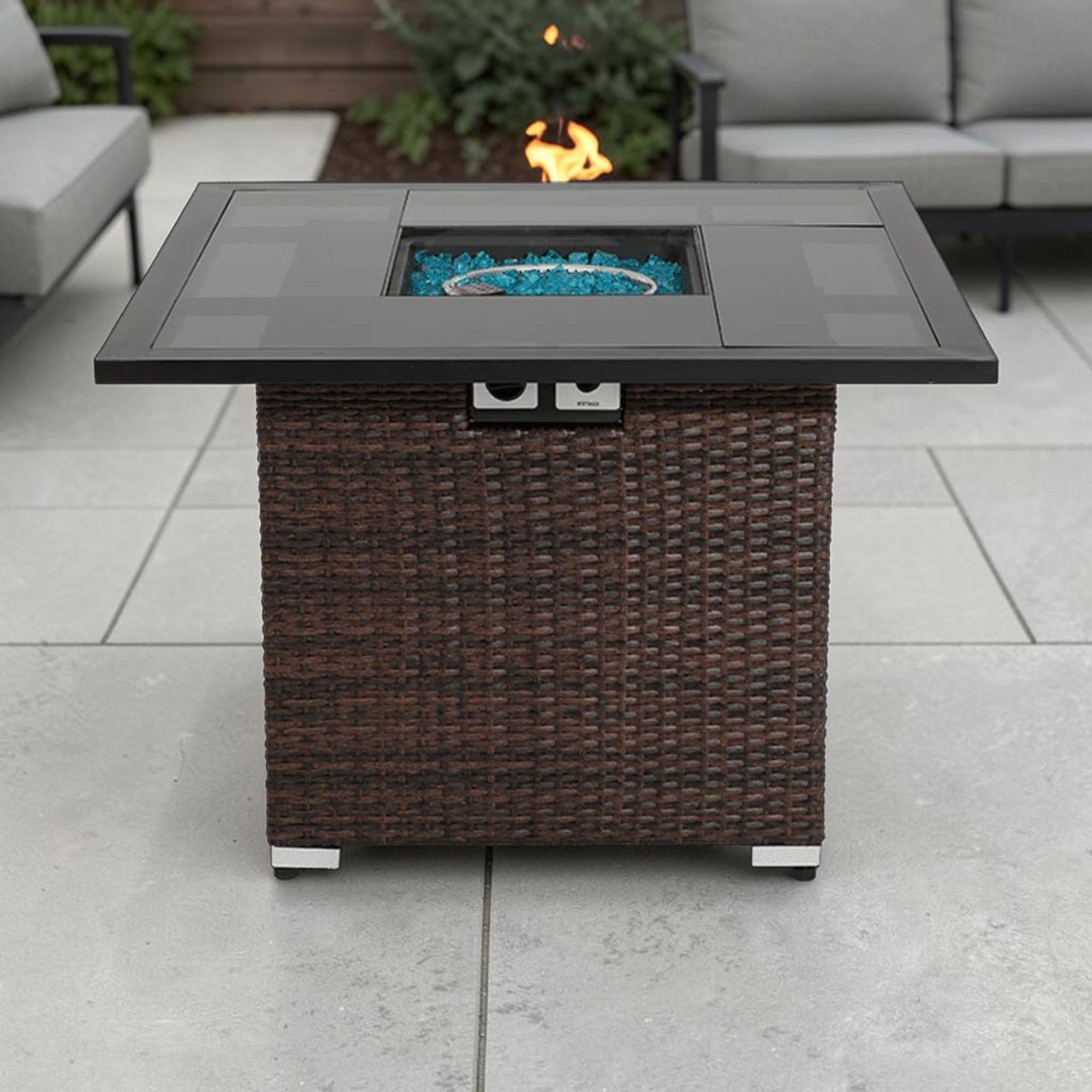 Modern Wicker Square Fire Pit Table, Mixed Brown PE Rattan with Glass Top & Hidden Tank Storage, Outdoor Fire Pit