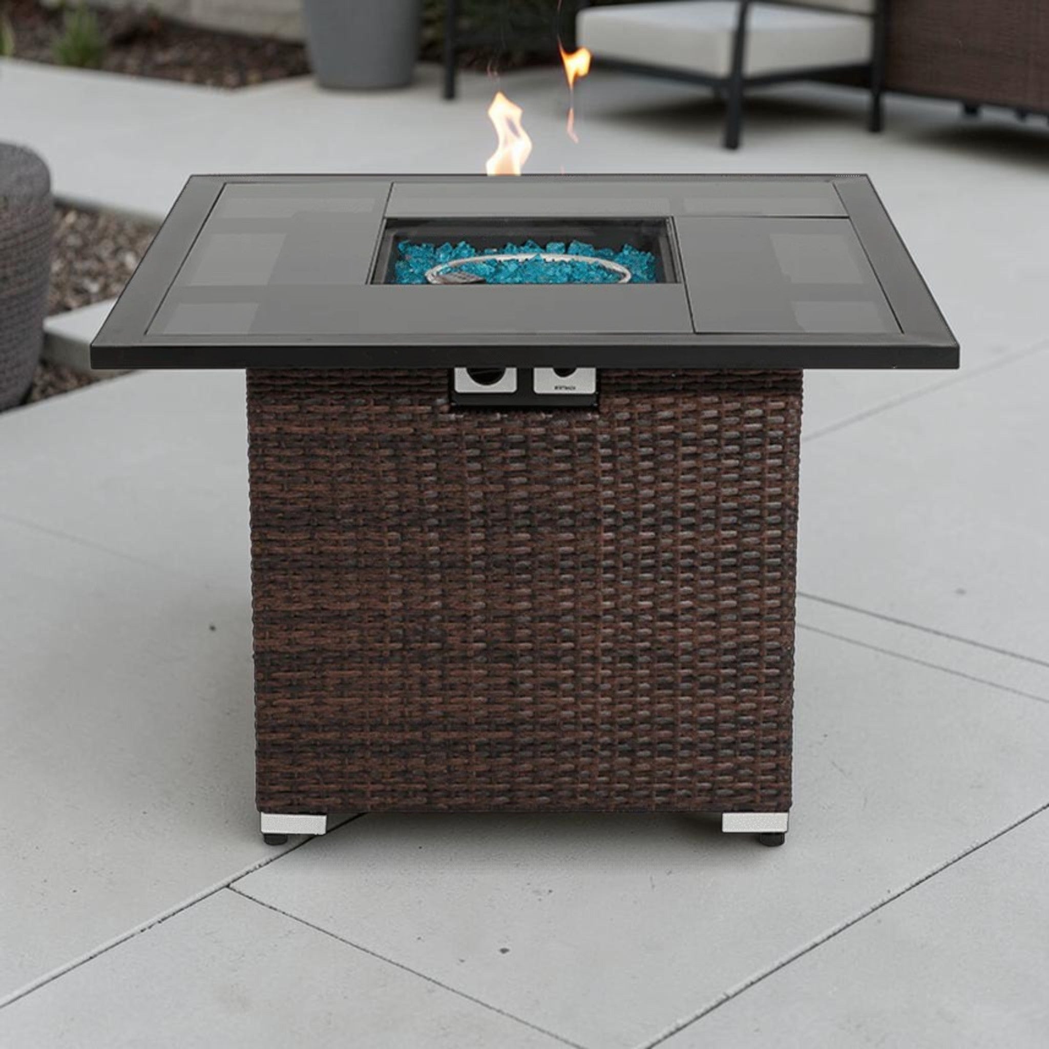 Modern Wicker Square Fire Pit Table, Mixed Brown PE Rattan with Glass Top & Hidden Tank Storage, Outdoor Fire Pit
