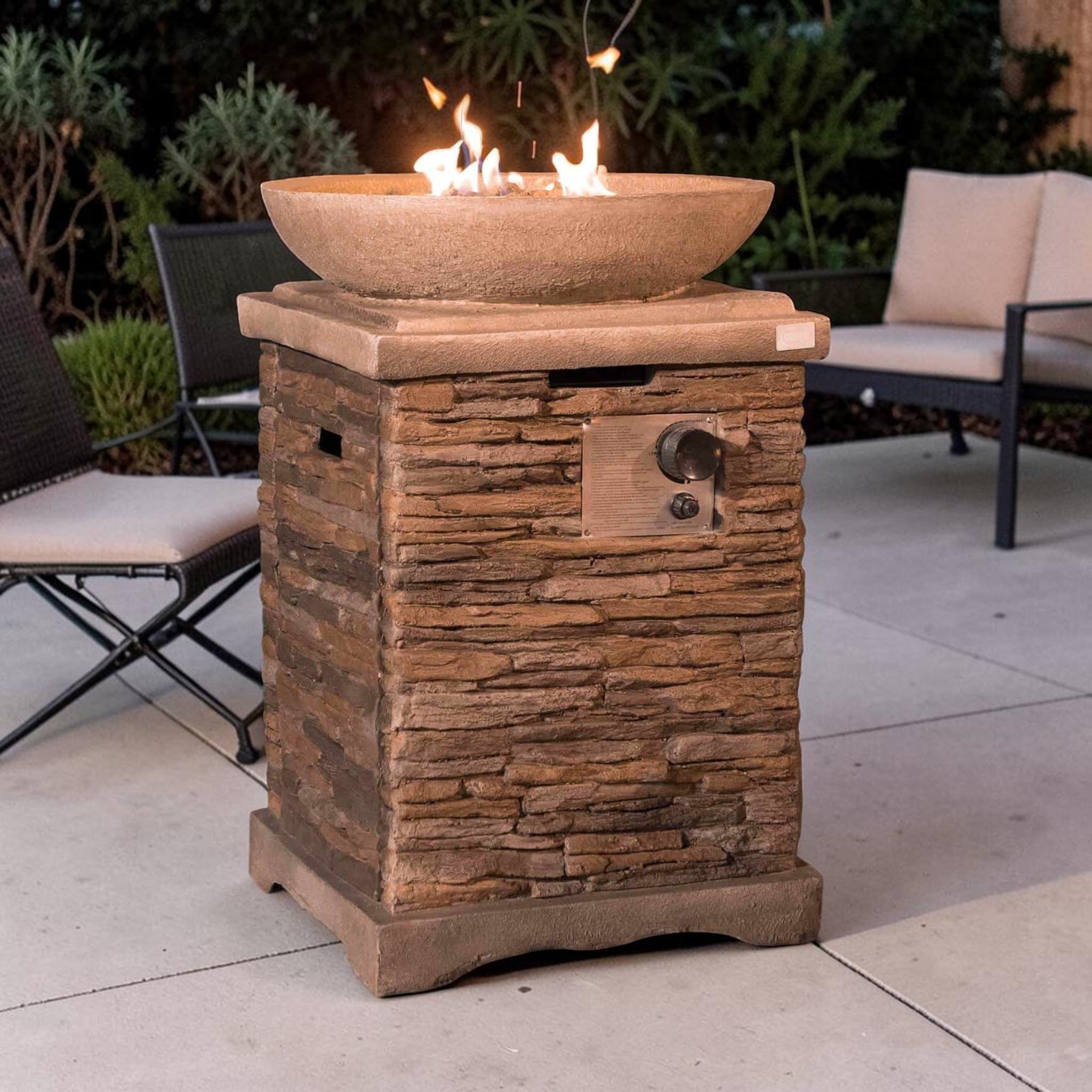 Rustic Tall Column Propane Fire Pit, Brown Stone Finish with Hidden Tank Storage & Lava Rocks, Outdoor Fire Pit