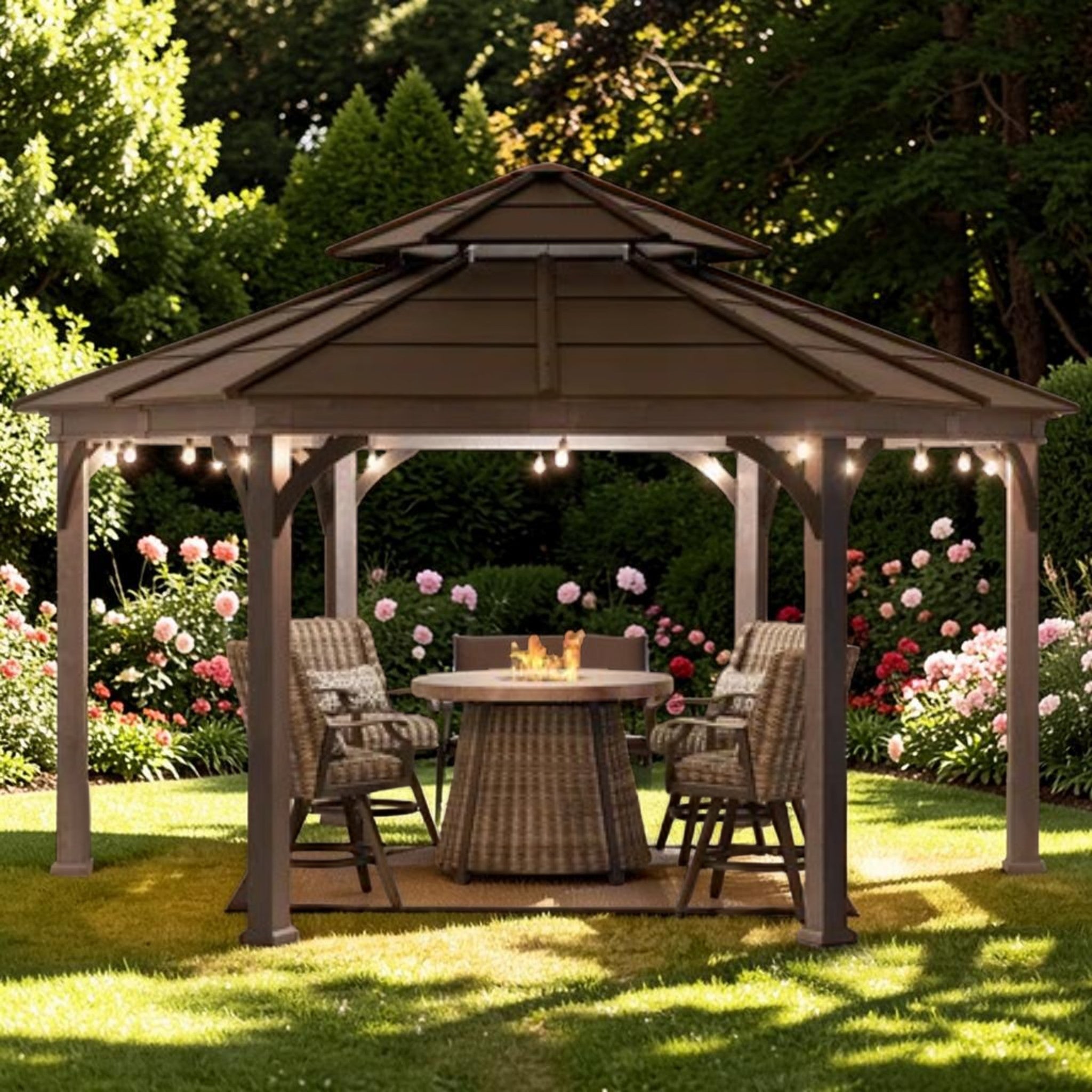 Hexagonal Hardtop Gazebo, Aluminum & Steel Frame Wood Look Finish with Ventilated Roof, Outdoor Gazebo