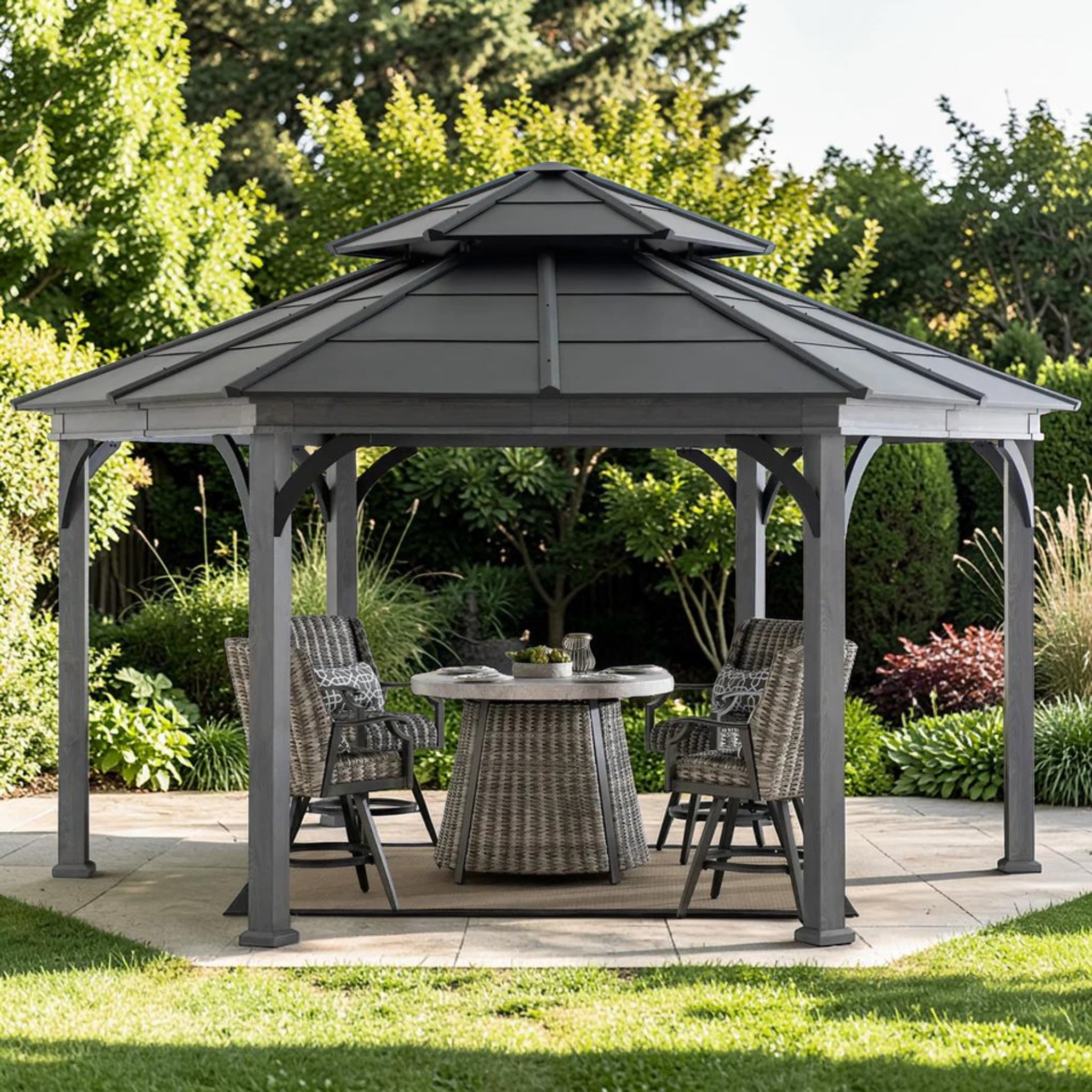 Hexagonal Hardtop Gazebo, Aluminum & Steel Frame Wood Look Finish with Ventilated Roof, Outdoor Gazebo