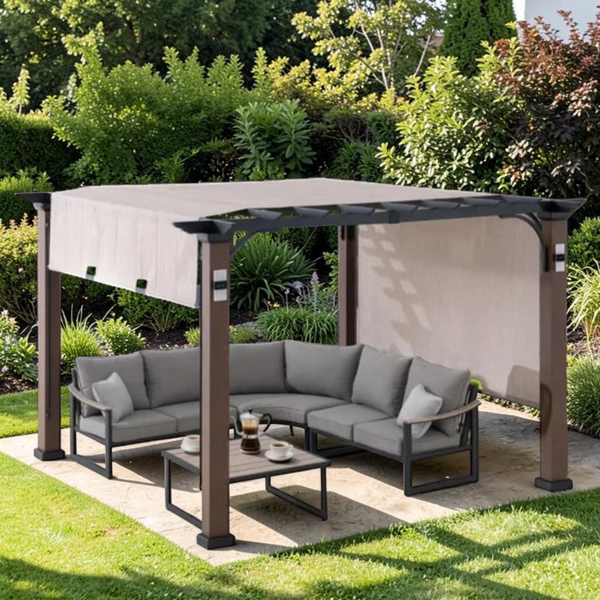 Outdoor Pergola Wood-Look Metal Frame with Sliding Canopy & Solar Lights, Patio Gazebo