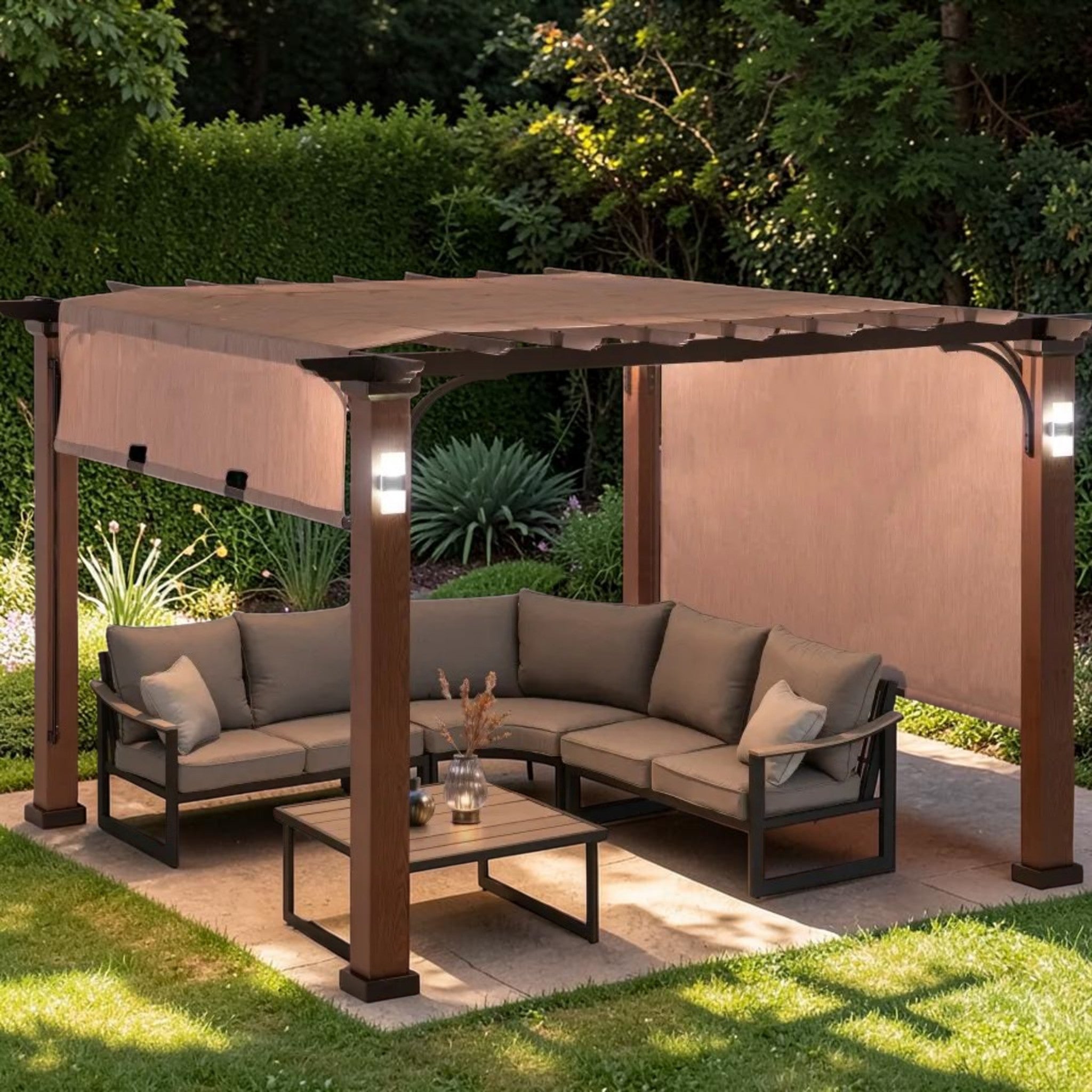 Outdoor Pergola Wood-Look Metal Frame with Sliding Canopy & Solar Lights, Patio Gazebo