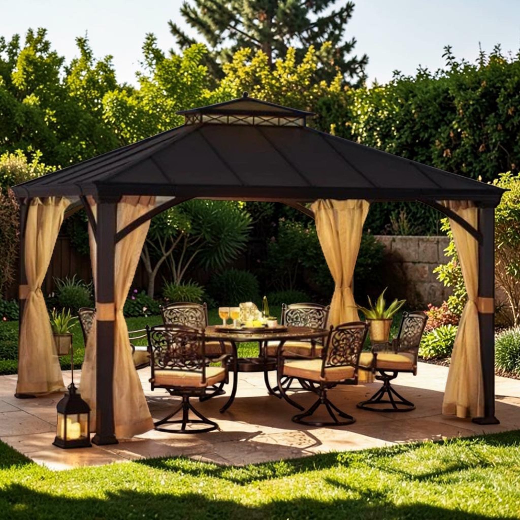 Outdoor Metal Gazebo with Hardtop Roof & Privacy Curtains 11x13 ft, Patio Shelter