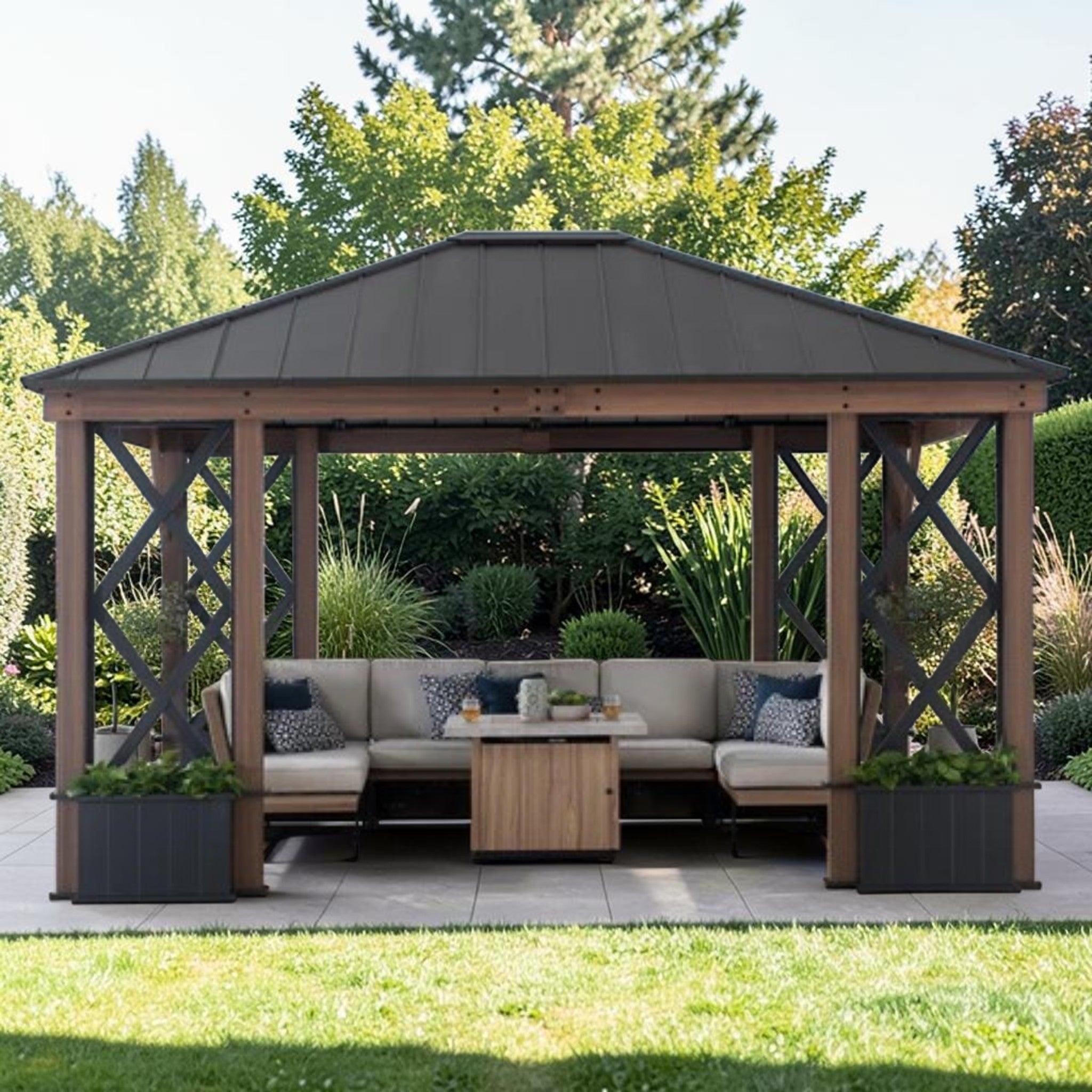 Outdoor Hardtop Gazebo with Wood Look Aluminum Frame & Built In Planters, 13x15 ft Patio Pavilion