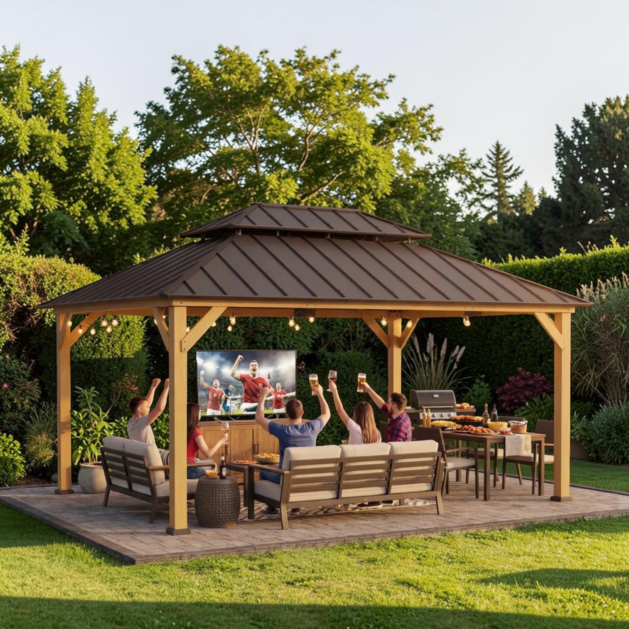 Outdoor Cedar Wood Gazebo with 2-Tier Metal Roof & Ceiling Hook, 12x16 ft Patio Pavilion