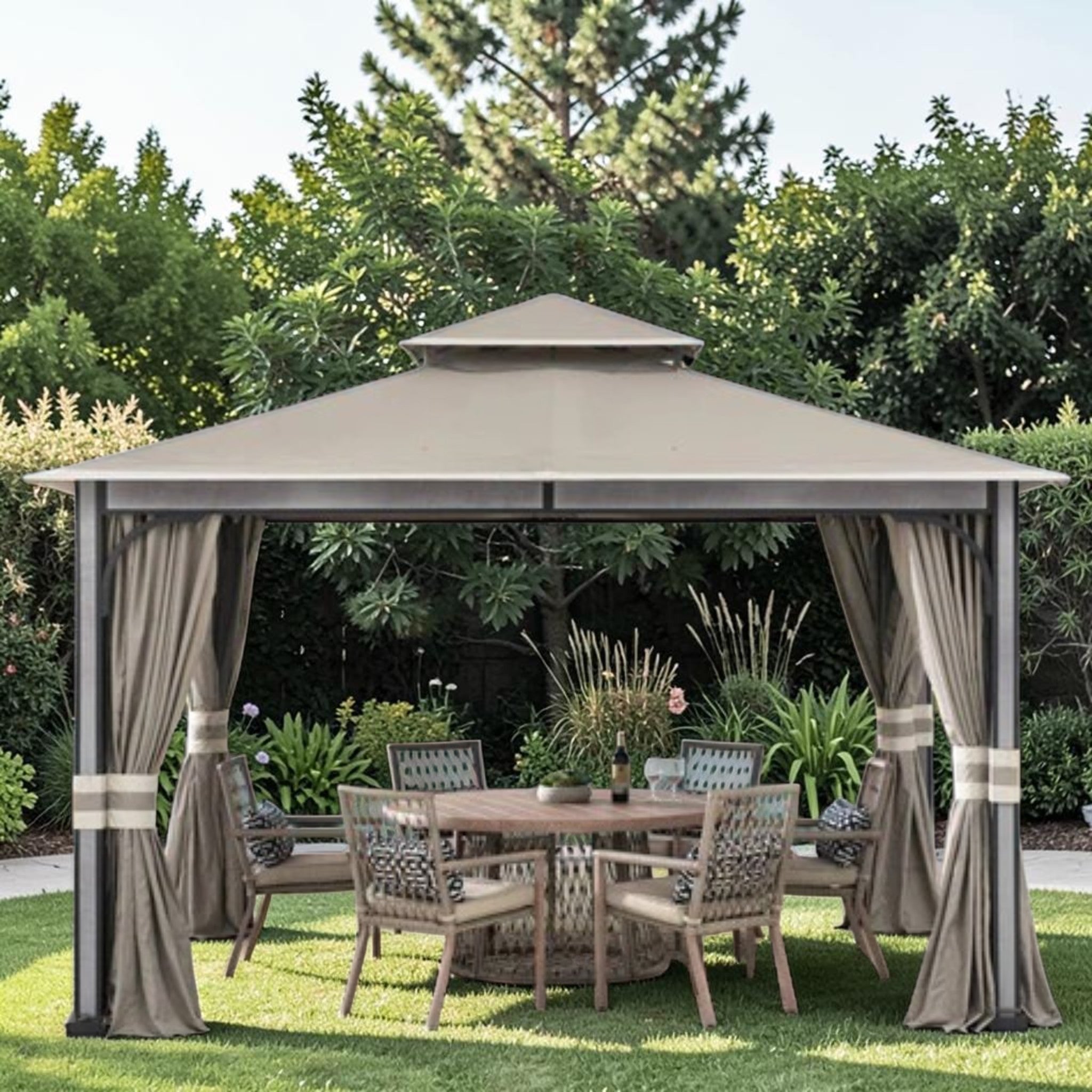 Outdoor Soft Top Gazebo with Curtains & Netting, 11x13 ft Light Gray, Patio Shelter