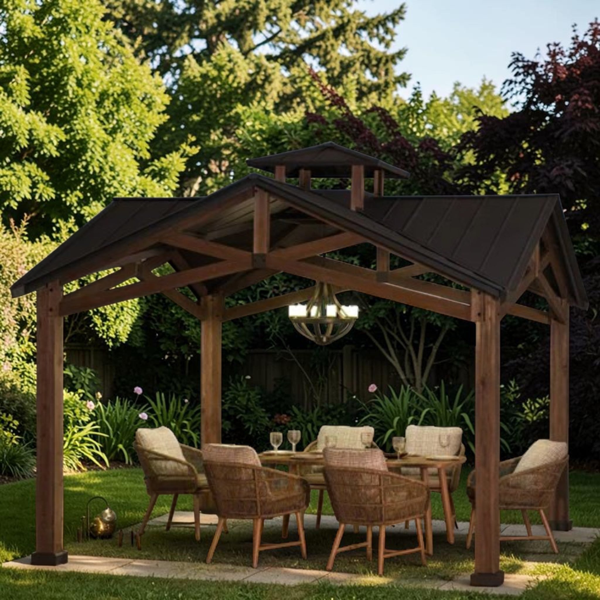 Outdoor Wooden Gazebo with Double-Tier Hardtop Roof, 12.5x12.5 ft Patio Pavilion