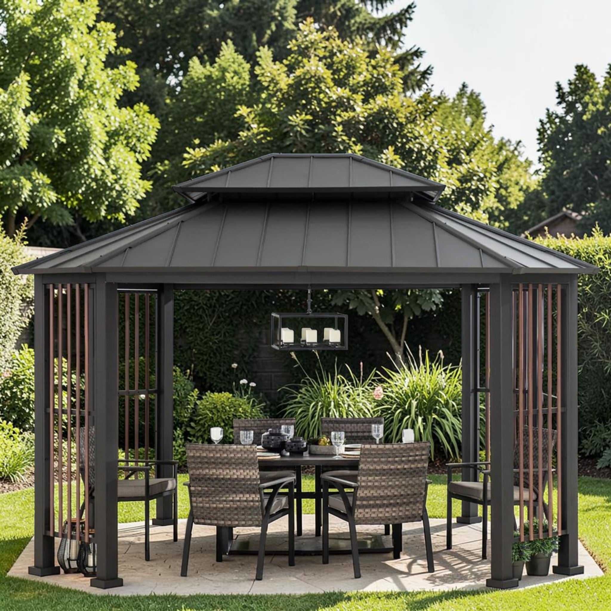 Outdoor Octagonal Steel Gazebo with 2-Tier Hardtop Roof, 11x13 ft Patio Pavilion