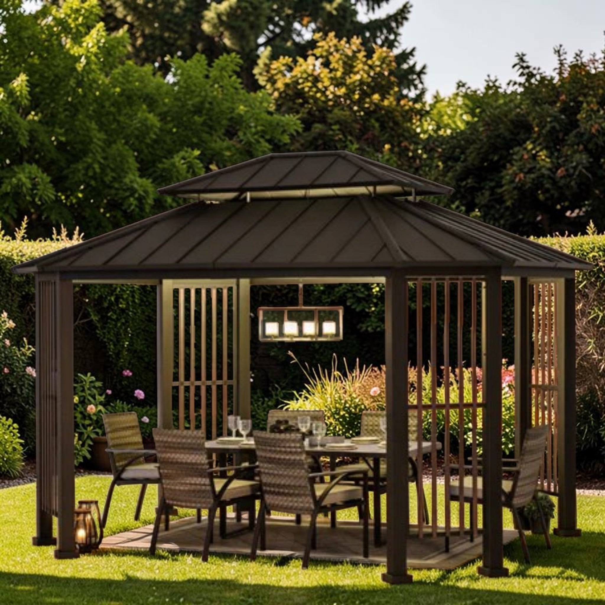 Outdoor Octagonal Steel Gazebo with 2-Tier Hardtop Roof, 11x13 ft Patio Pavilion