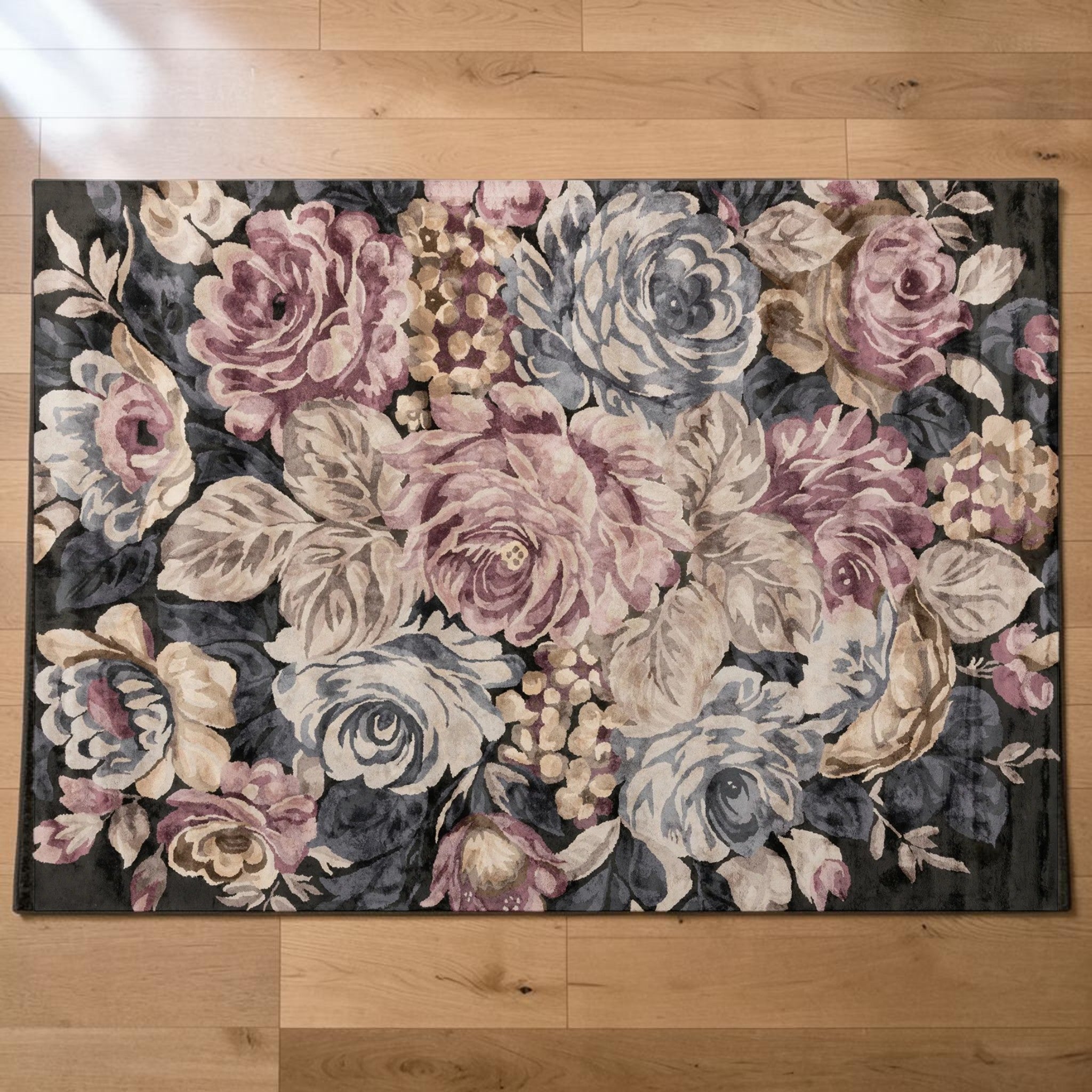 Elegant Black Floral, Living Room Carpet with Pink & Purple Accents, Hand-Tufted Viscose 8x11 Area Rug