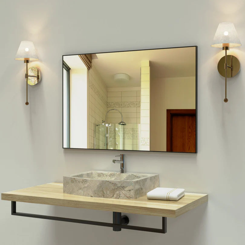 Rectangular Wall Mirror, Black Aluminum Frame 36x24 Inch, Modern Bathroom Vanity Mirror
