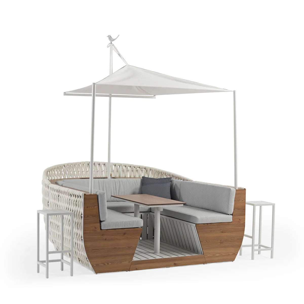 Modern Outdoor Lounge Dining Set with Canopy, Woven Rope & Wood Finish, 5-Piece Patio Set