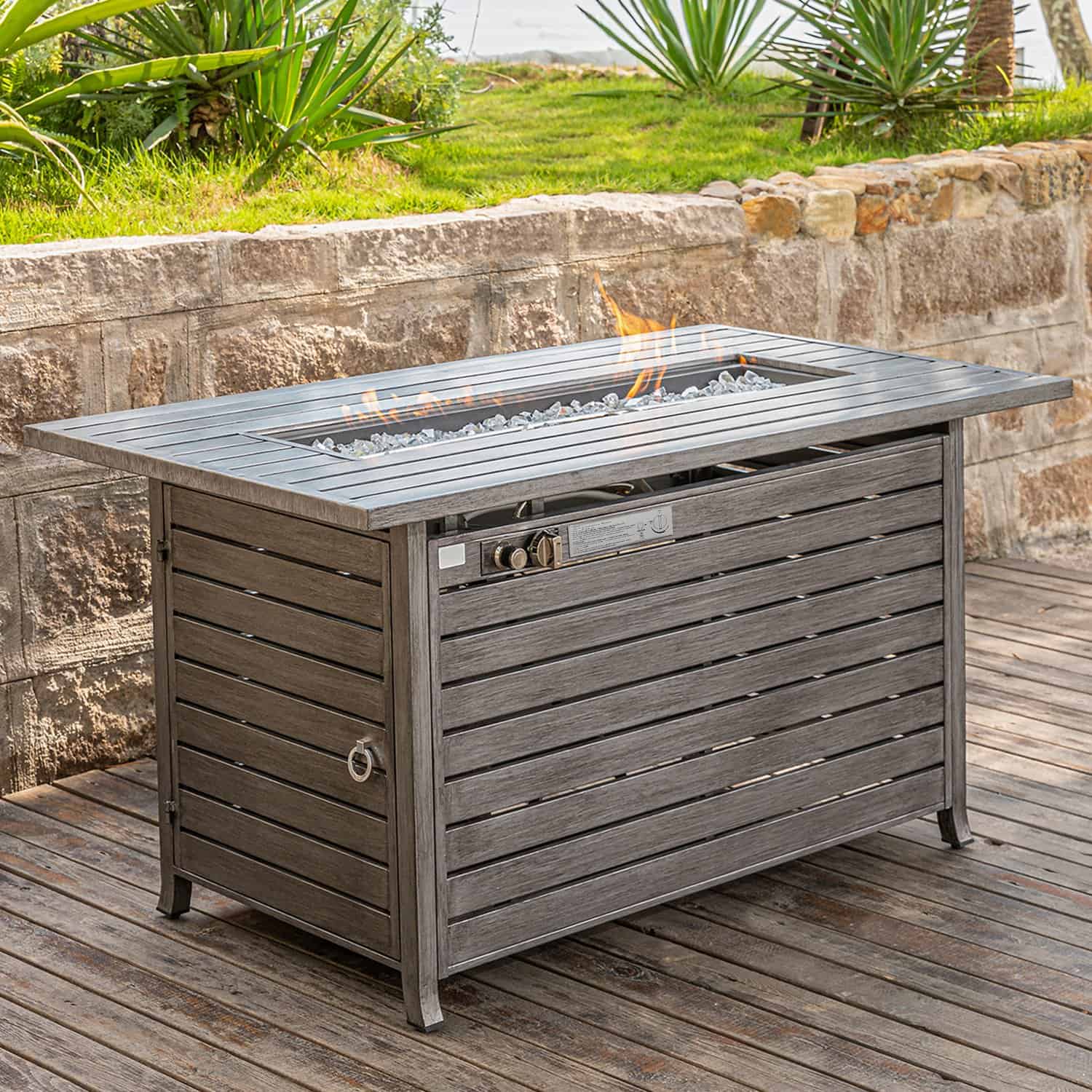 Modern Rectangular Iron Fire Pit Table, Gray Finish with Hidden Propane Storage, Outdoor Fire Pit