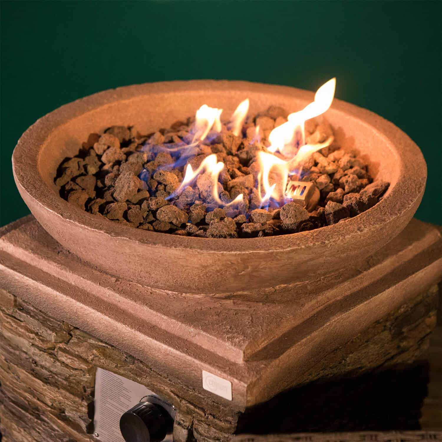Rustic Tall Column Propane Fire Pit, Brown Stone Finish with Hidden Tank Storage & Lava Rocks, Outdoor Fire Pit