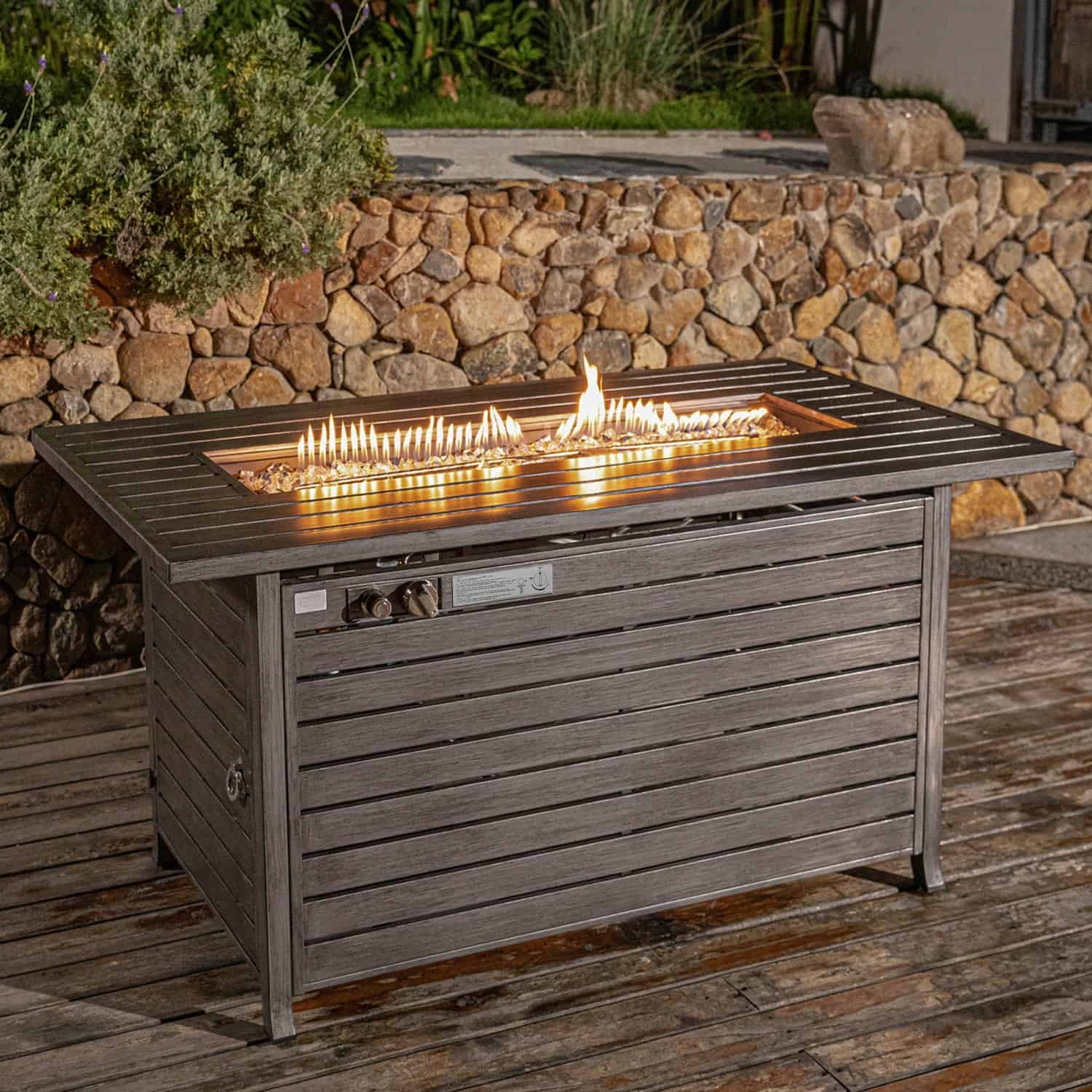 Modern Rectangular Iron Fire Pit Table, Gray Finish with Hidden Propane Storage, Outdoor Fire Pit