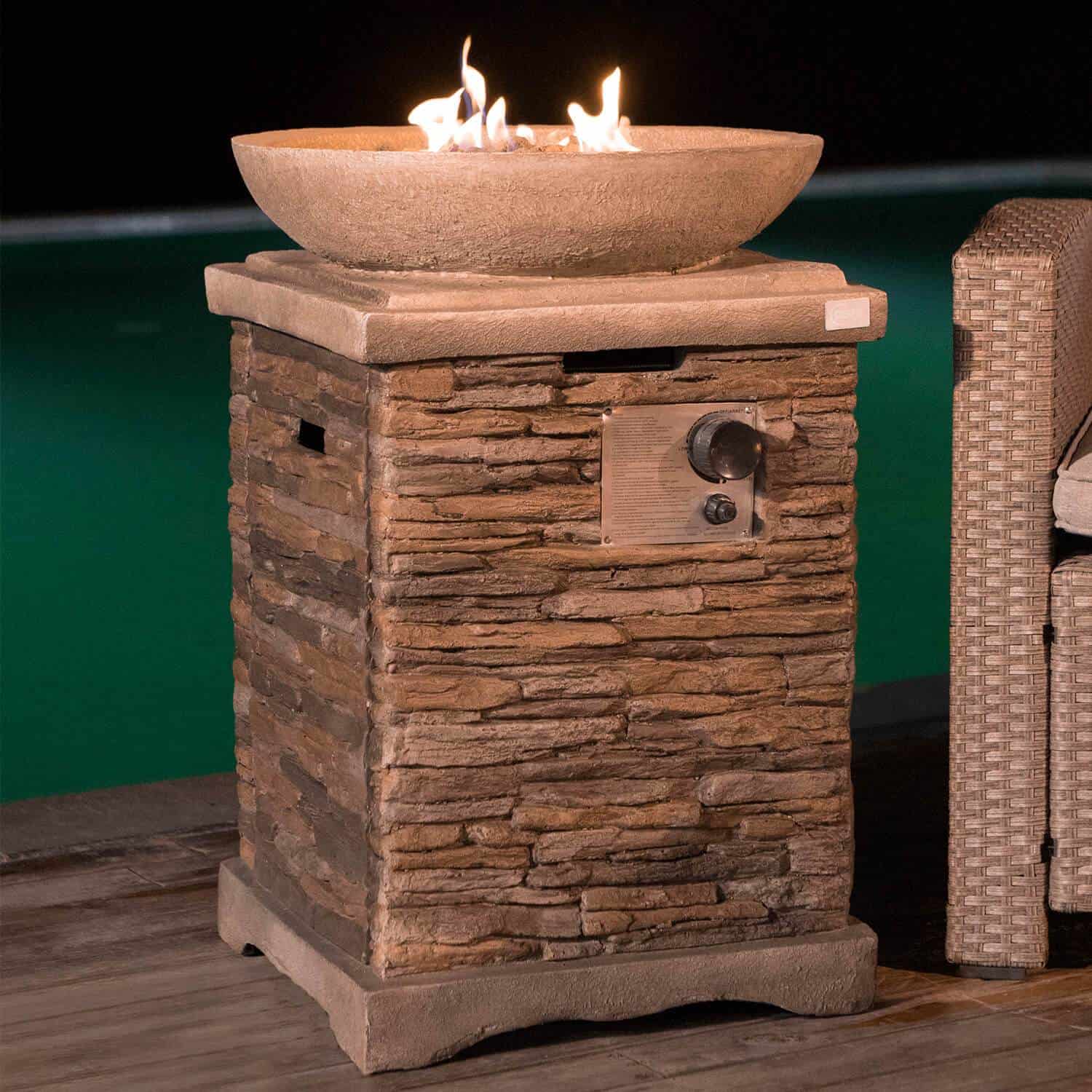 Rustic Tall Column Propane Fire Pit, Brown Stone Finish with Hidden Tank Storage & Lava Rocks, Outdoor Fire Pit