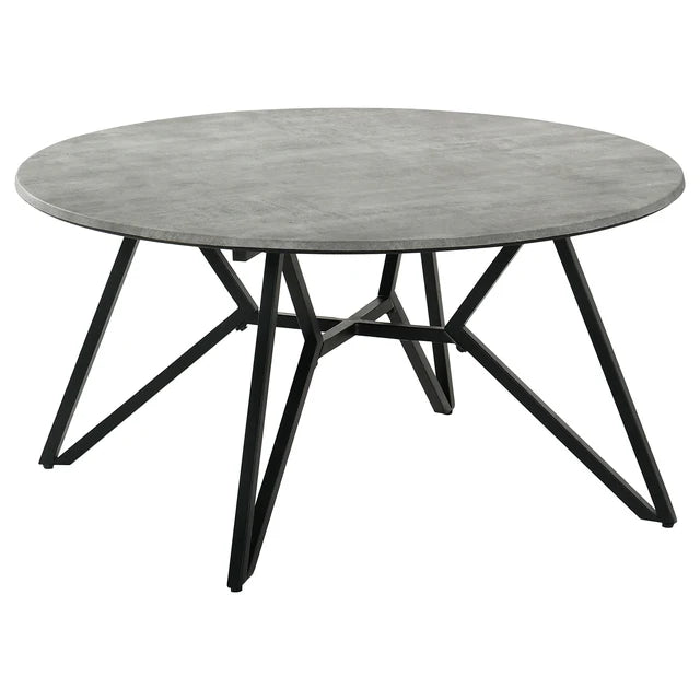 Round Center Table Gray Cement Finish with Metal Geometric Base, Coffee Table