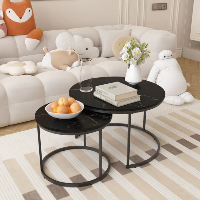 Modern Nesting Center Table Set Black Marble Finish 2 Piece Round Coffee Tables
