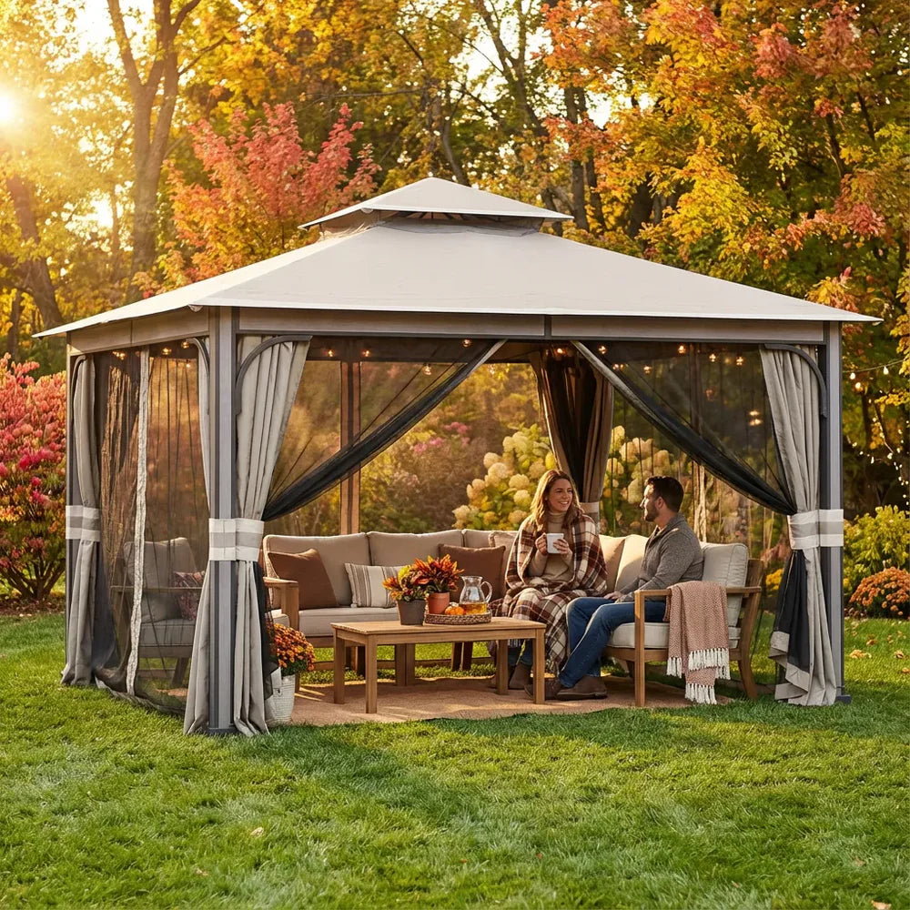 Outdoor Soft Top Gazebo with Curtains & Netting, 11x13 ft Light Gray, Patio Shelter