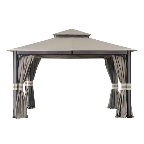 Outdoor Soft Top Gazebo with Curtains & Netting, 11x13 ft Light Gray, Patio Shelter
